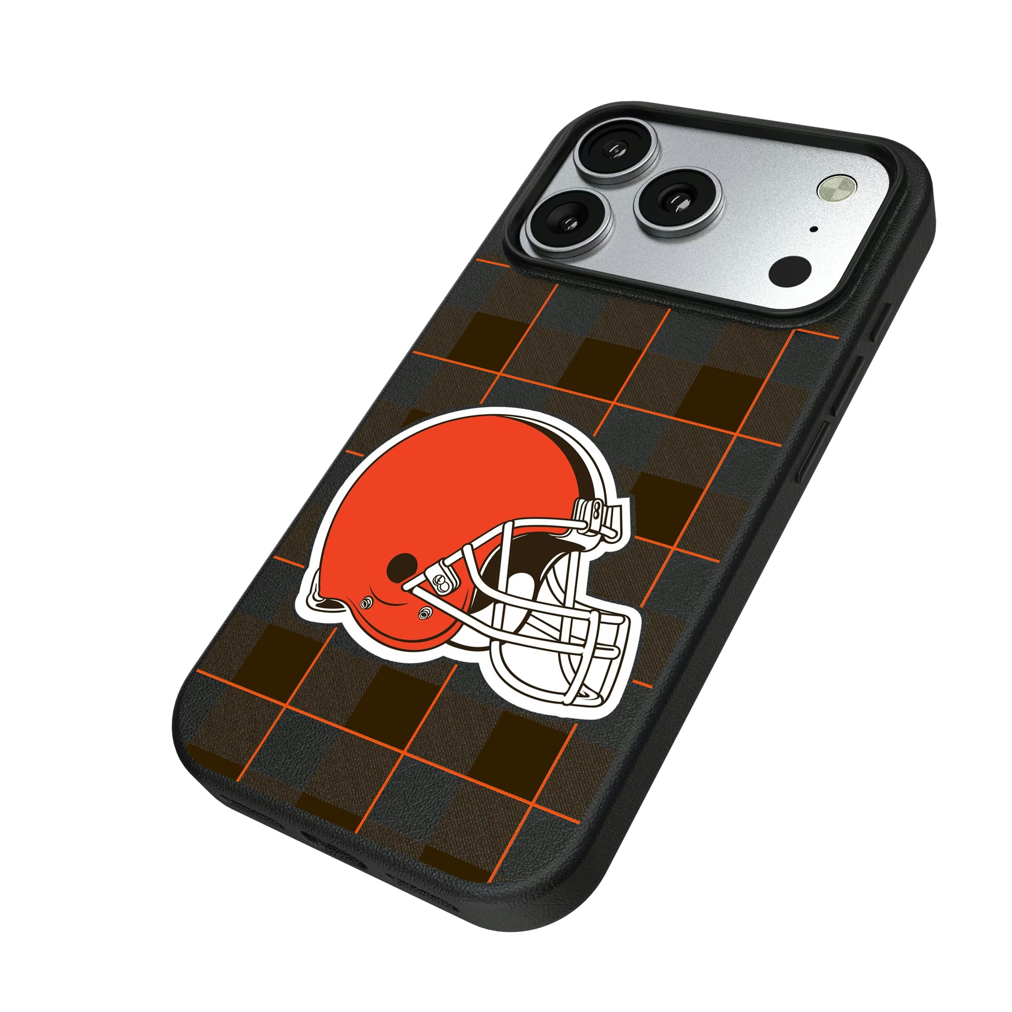 Cleveland Browns Plaid iPhone MagSafe Compatible Phone Case for Apple iPhone - Isometric View#Device_iPhone 17 Pro