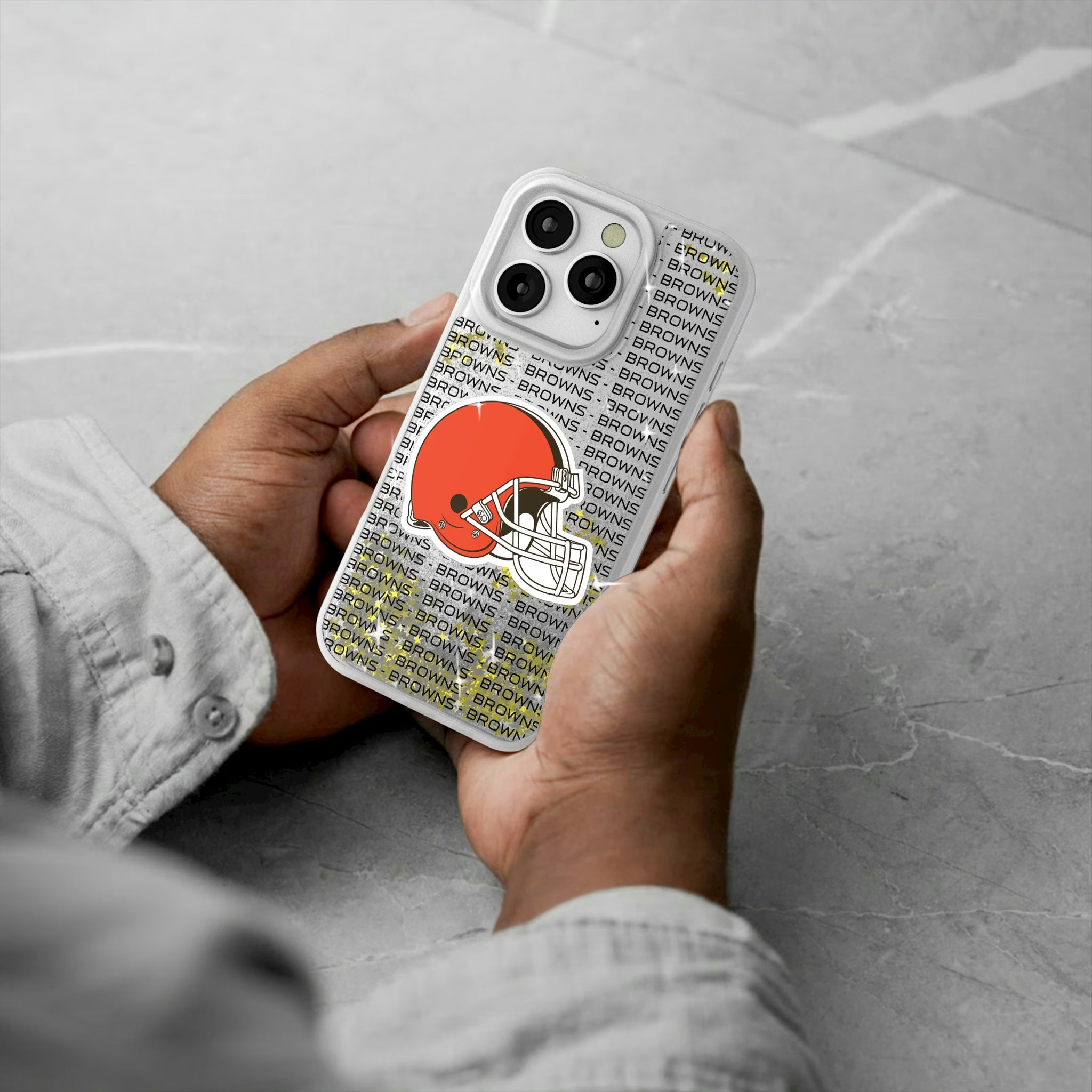 Cleveland Browns Text Backdrop iPhone Glitter Phone Case for Apple iPhone - Lifestyle#Device_iPhone 16 Pro