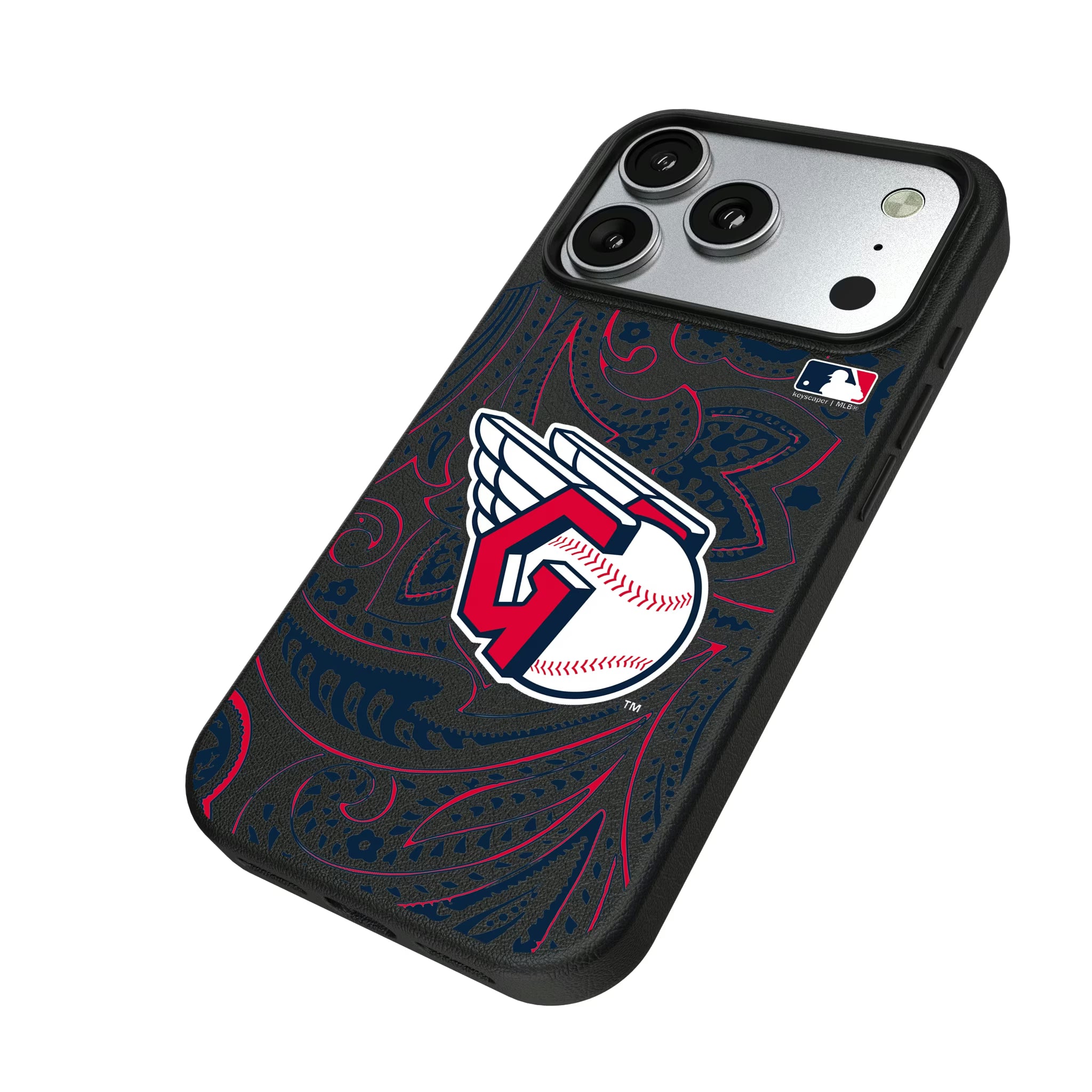 Cleveland Guardians Paisley iPhone MagSafe Compatible Phone Case for Apple iPhone - Isometric View#Device_iPhone 17 Pro