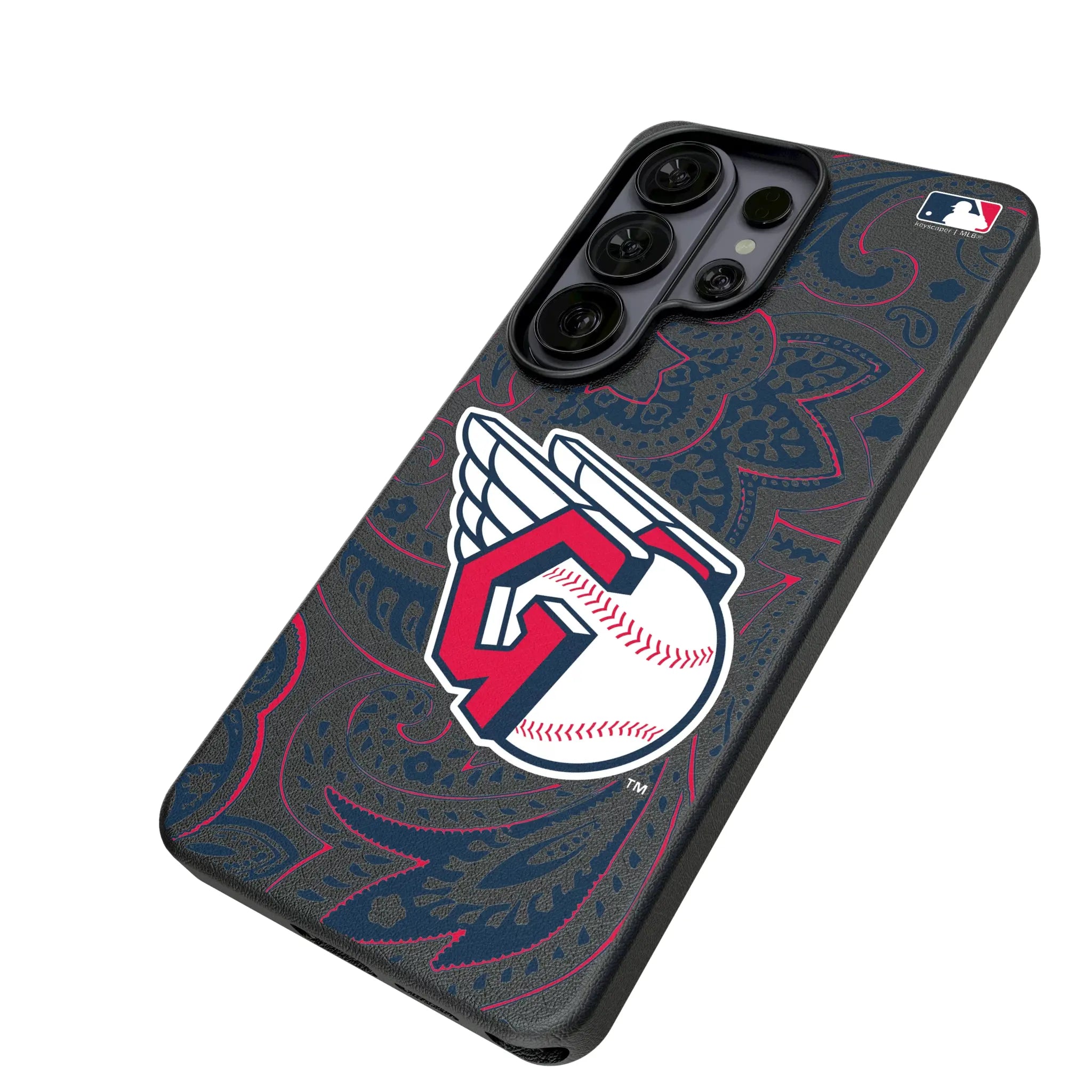 Cleveland Guardians Paisley Galaxy MagSafe Compatible Phone Case for Samsung Galaxy - Isometric View#Device_Galaxy S26 Ultra