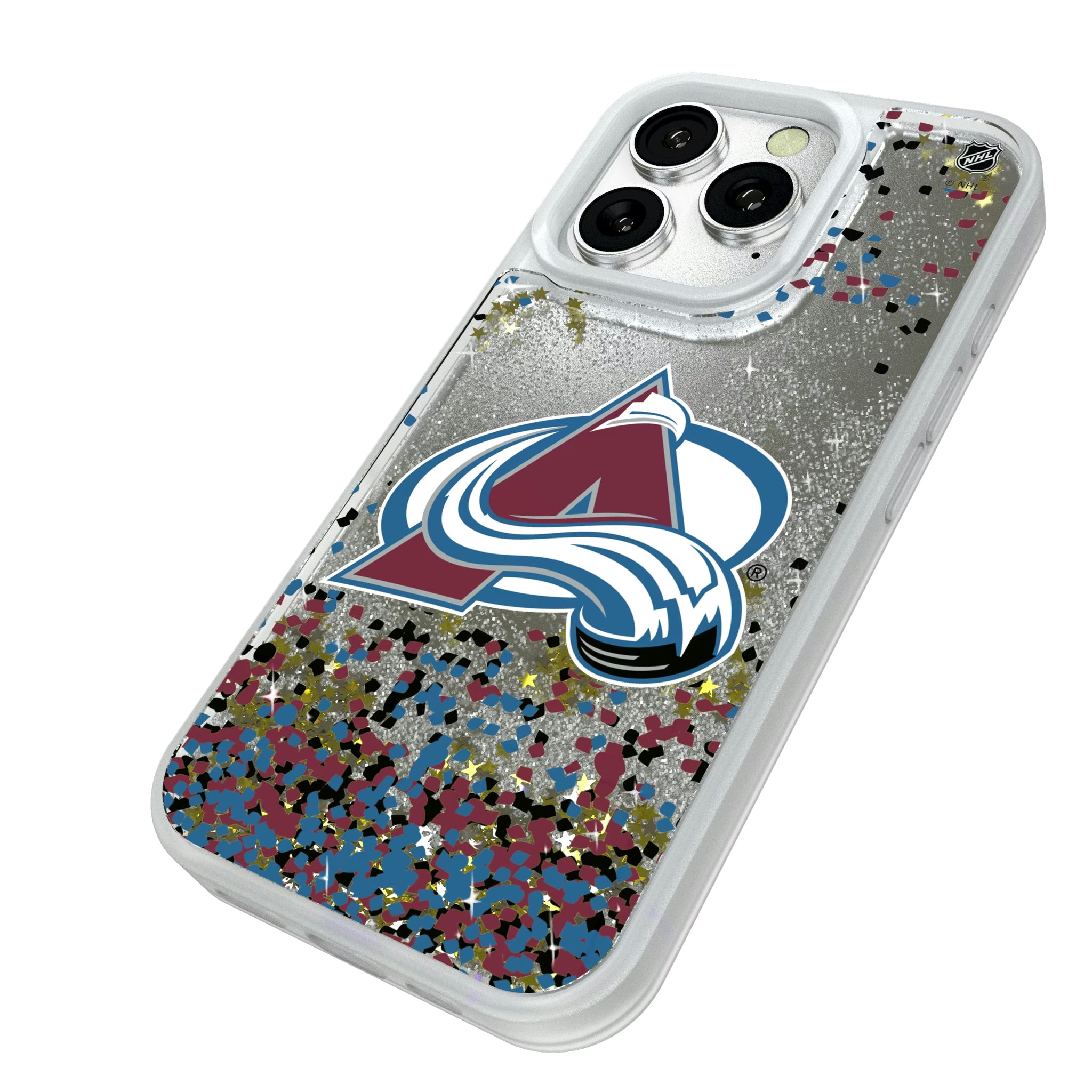 Colorado Avalanche Confetti iPhone Glitter Phone Case for Apple iPhone - Isometric View#Device_iPhone 16 Pro