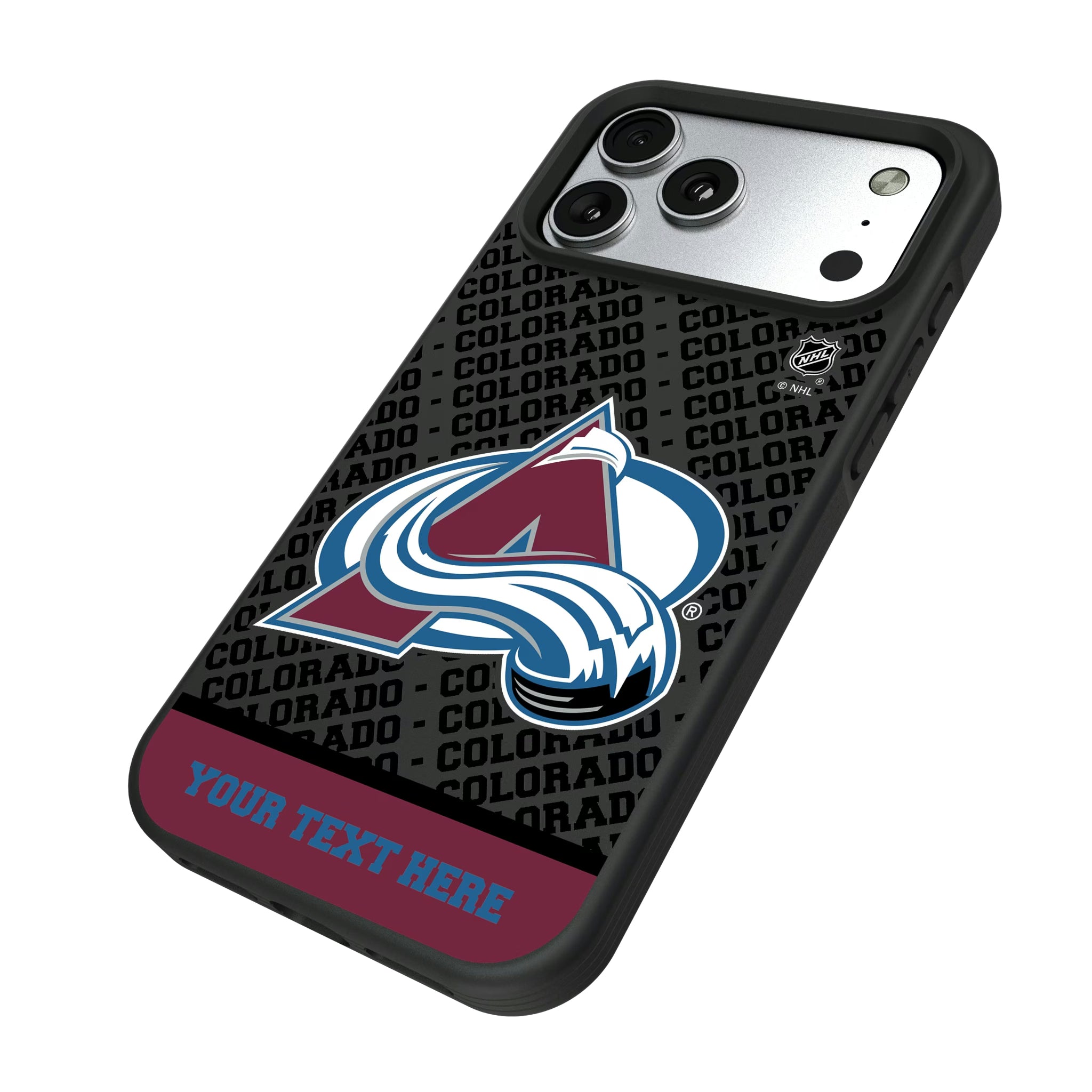 Colorado Avalanche Personalized EndZone Plus iPhone Bump Phone Case for Apple iPhone - Isometric View#Device_iPhone 17 Pro Max
