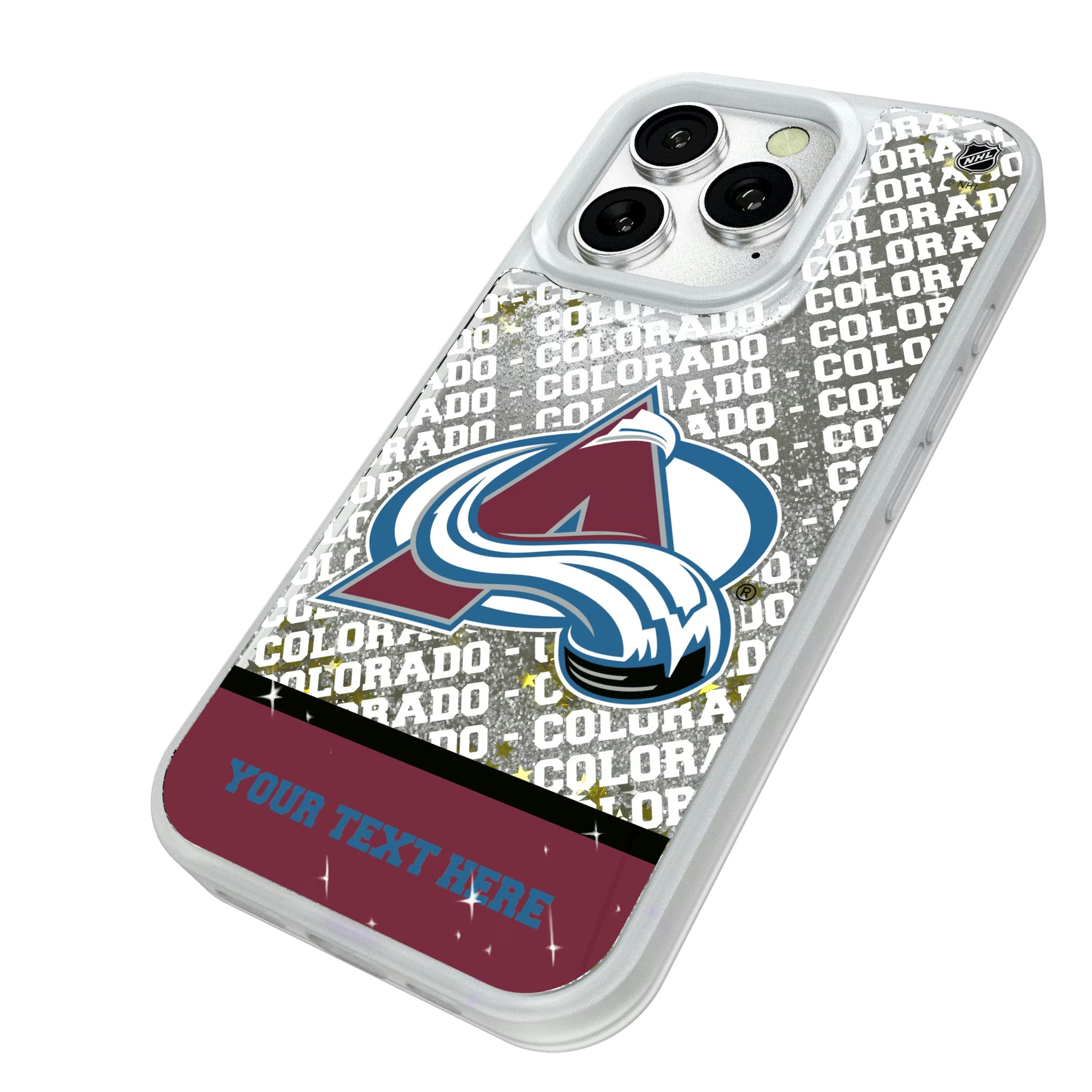 Colorado Avalanche Personalized EndZone Plus iPhone Glitter Phone Case for Apple iPhone - Isometric View#Device_iPhone 16 Pro