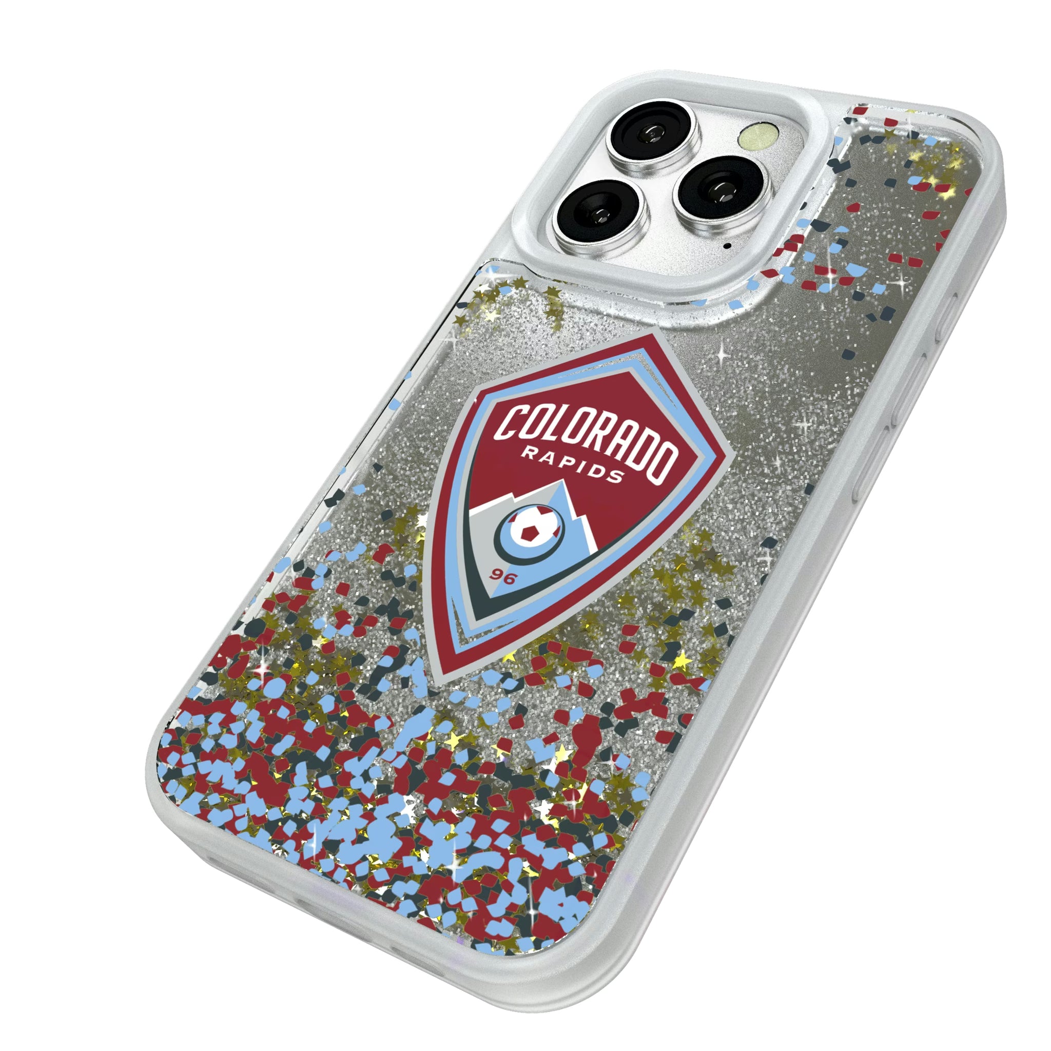 Colorado Rapids Confetti iPhone Glitter Phone Case for Apple iPhone - Isometric View#Device_iPhone 16 Pro