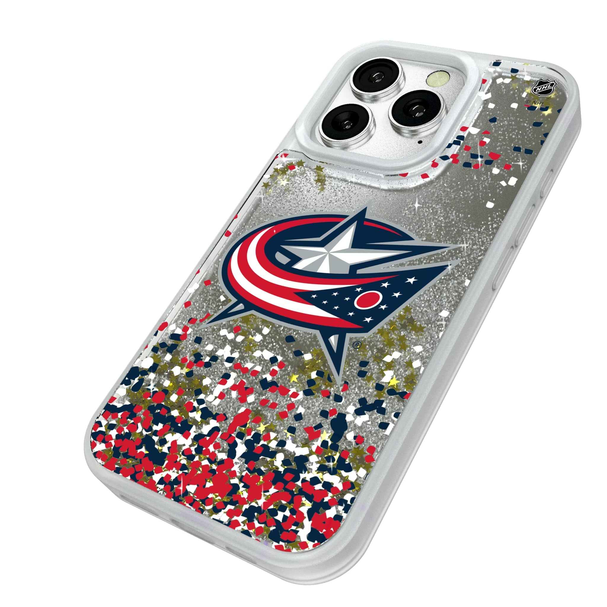 Columbus Blue Jackets Confetti iPhone Glitter Phone Case for Apple iPhone - Isometric View#Device_iPhone 16 Pro