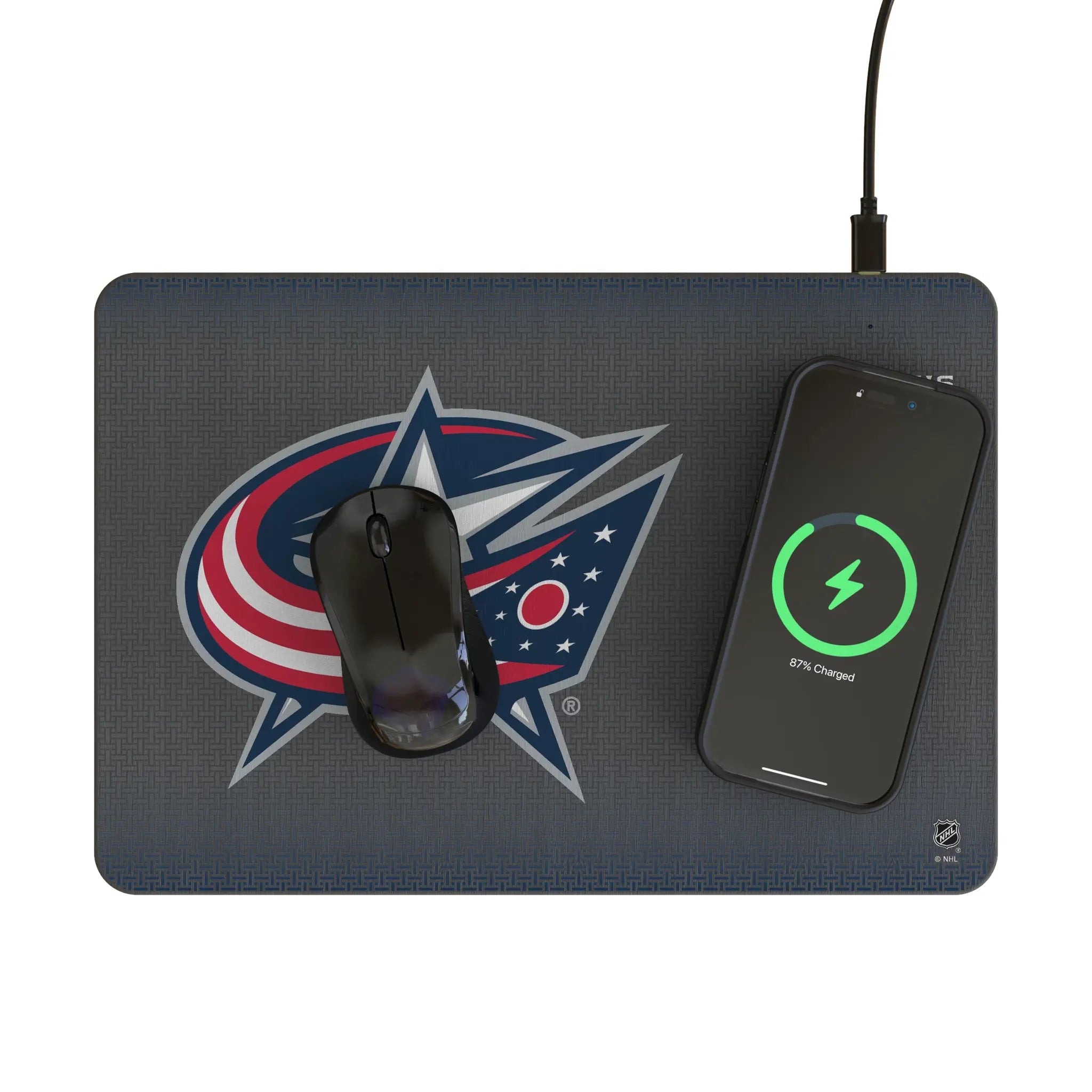 Columbus Blue Jackets Linen 15-Watt Wireless Charger and Mouse Pad - Lifestyle