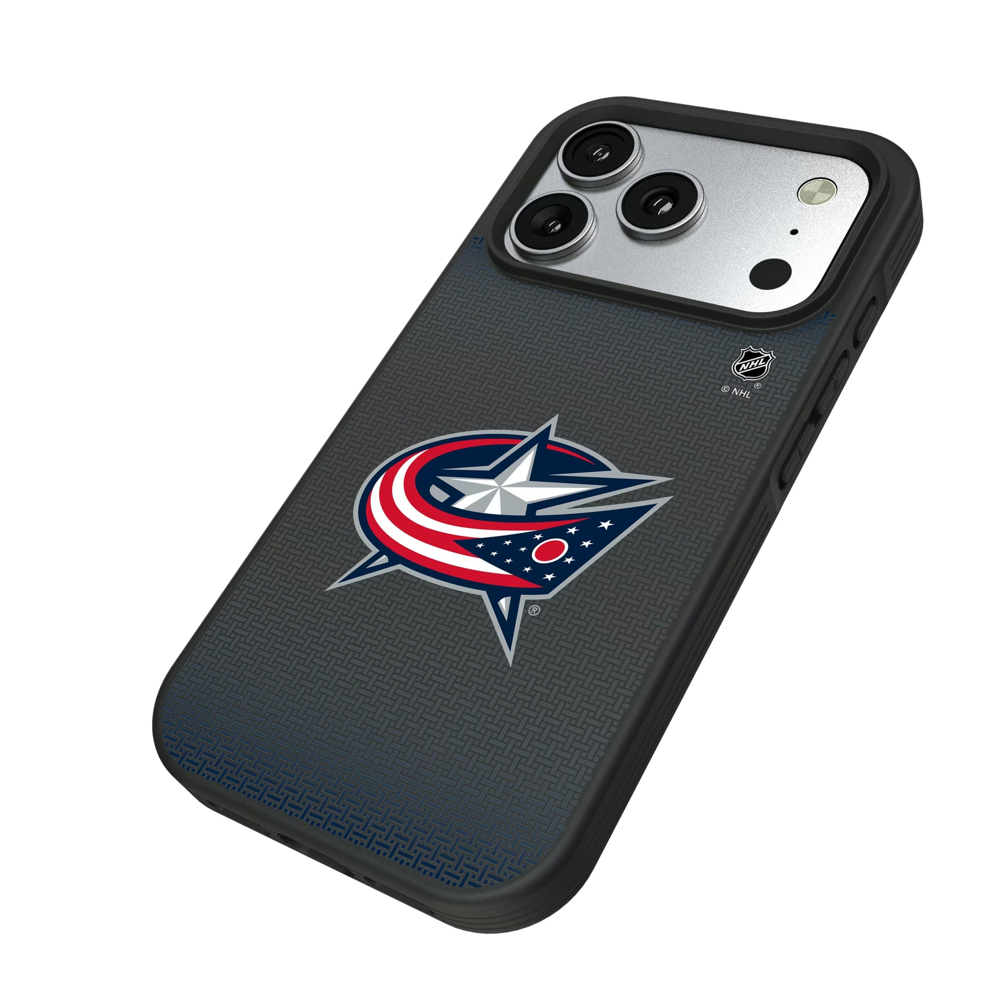 Columbus Blue Jackets Linen iPhone Bump Phone Case for Apple iPhone - Isometric View#Device_iPhone 17 Pro