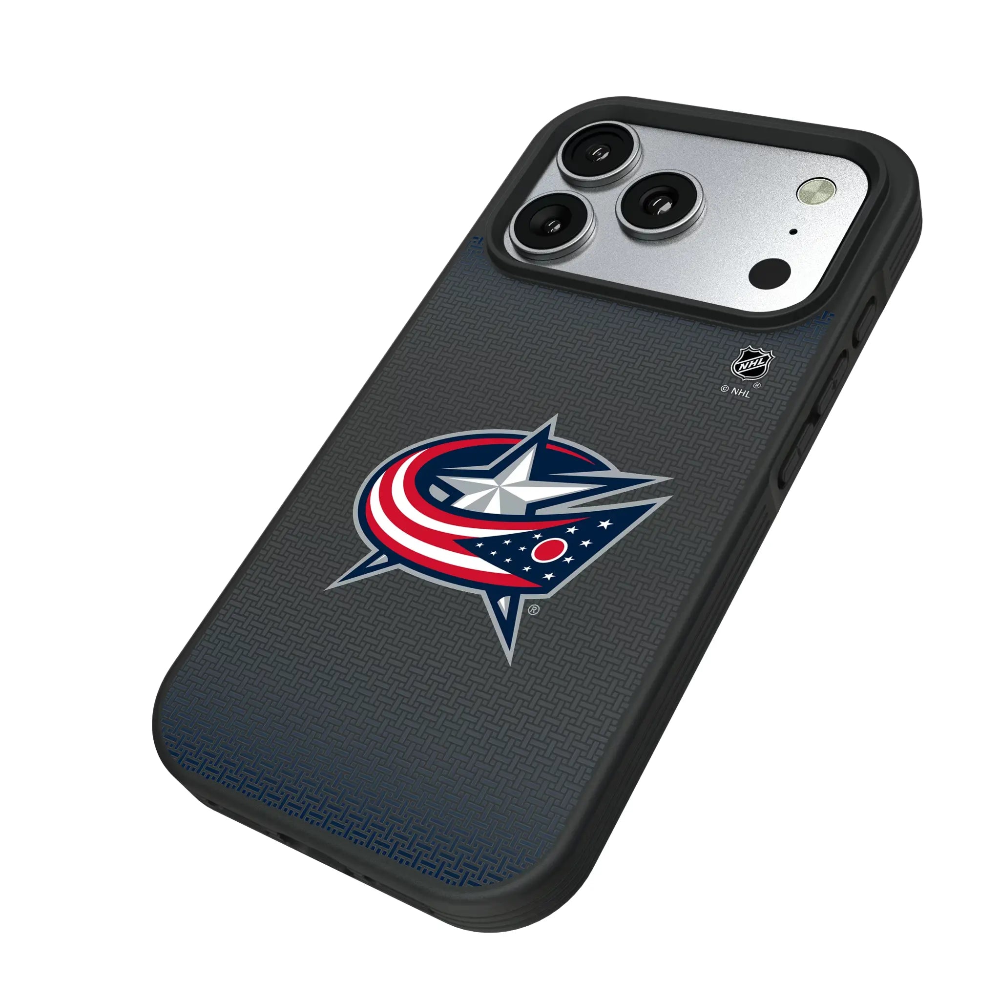 Columbus Blue Jackets Linen iPhone Bump Phone Case for Apple iPhone - Isometric View#Device_iPhone 17 Pro