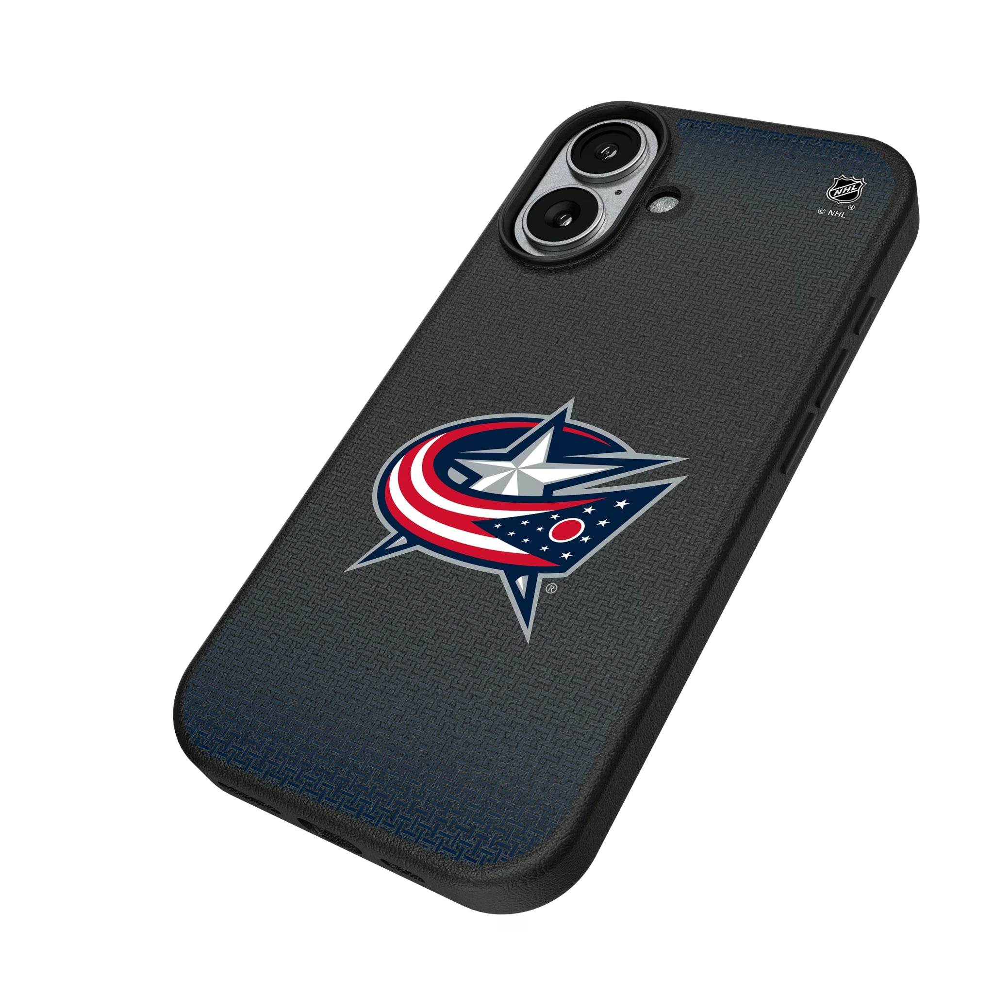 Columbus Blue Jackets Linen iPhone MagSafe Compatible Phone Case for Apple iPhone - Isometric View#Device_iPhone 17