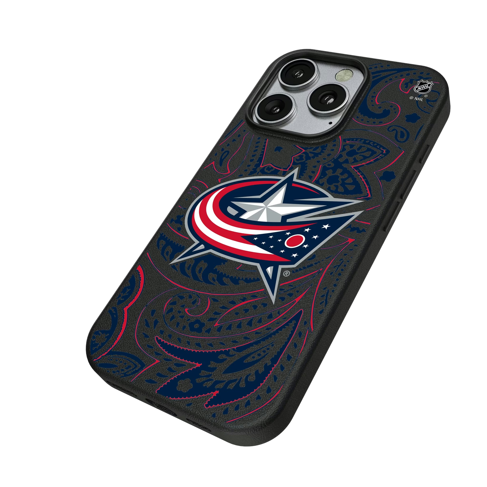 Columbus Blue Jackets Paisley iPhone MagSafe Compatible Phone Case for Apple iPhone - Isometric View