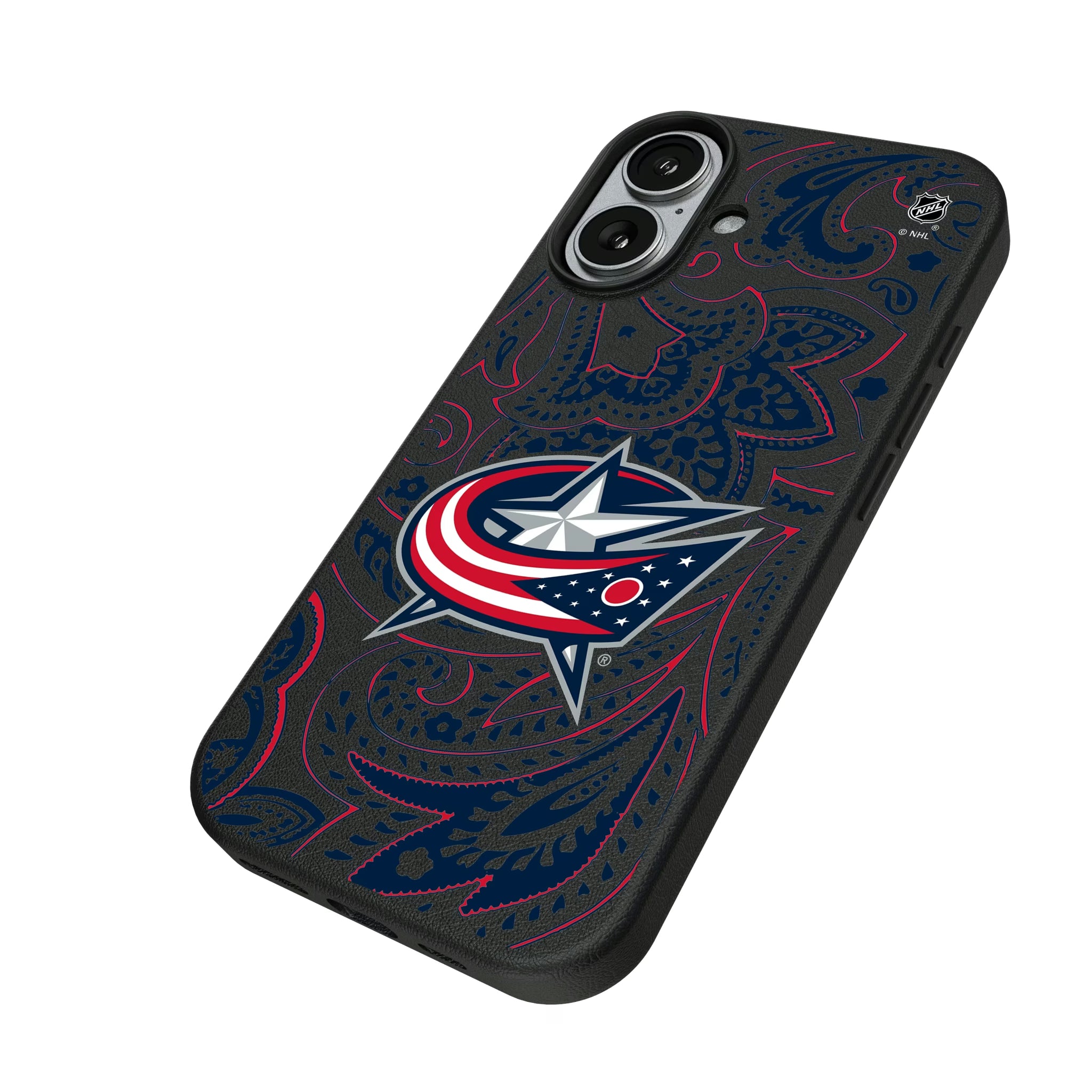 Columbus Blue Jackets Paisley iPhone MagSafe Compatible Phone Case for Apple iPhone - Isometric View#Device_iPhone 17