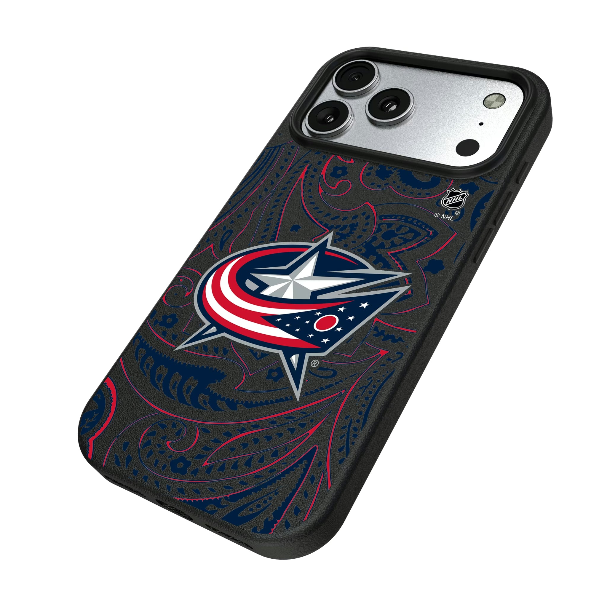 Columbus Blue Jackets Paisley iPhone MagSafe Compatible Phone Case for Apple iPhone - Isometric View#Device_iPhone 17 Pro Max