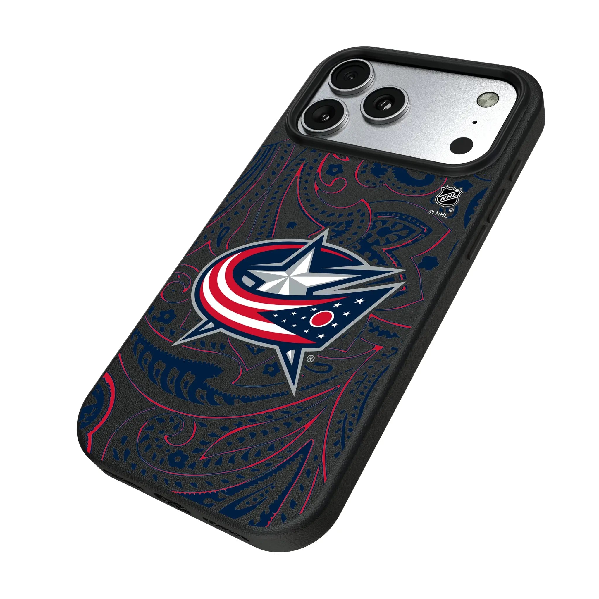 Columbus Blue Jackets Paisley iPhone MagSafe Compatible Phone Case for Apple iPhone - Isometric View#Device_iPhone 17 Pro Max