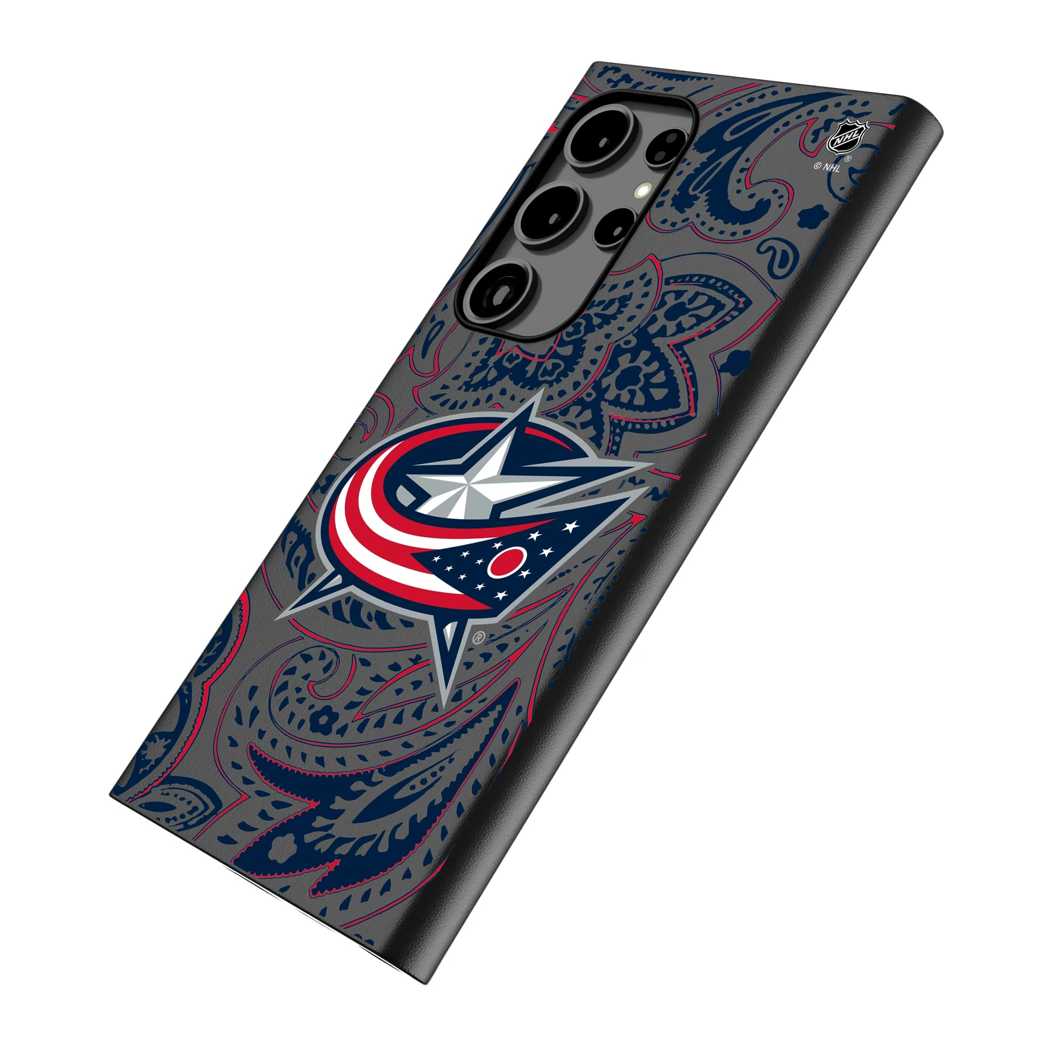 Columbus Blue Jackets Paisley Galaxy MagSafe Compatible Phone Case for Samsung Galaxy - Isometric View