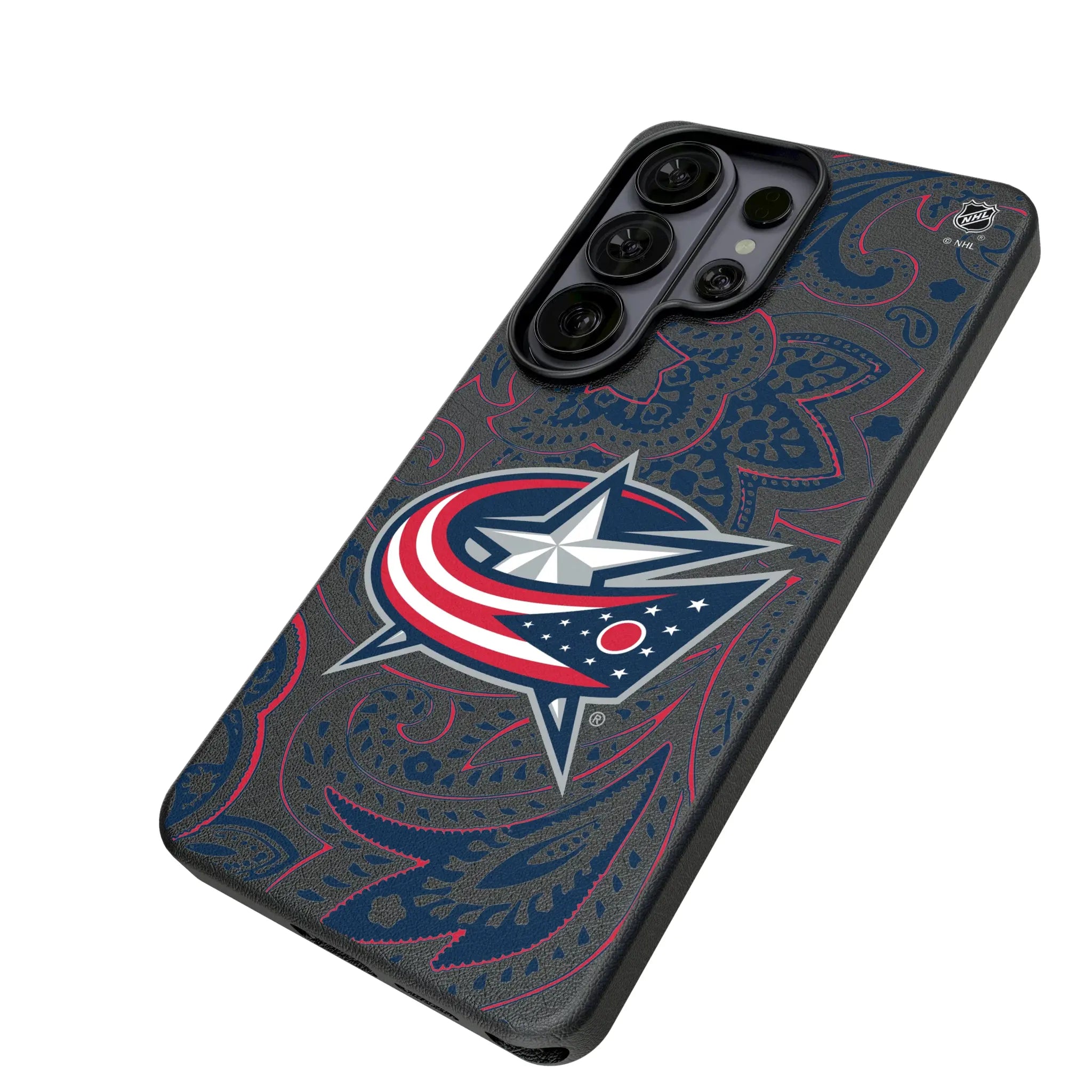 Columbus Blue Jackets Paisley Galaxy MagSafe Compatible Phone Case for Samsung Galaxy - Isometric View#Device_Galaxy S26 Ultra