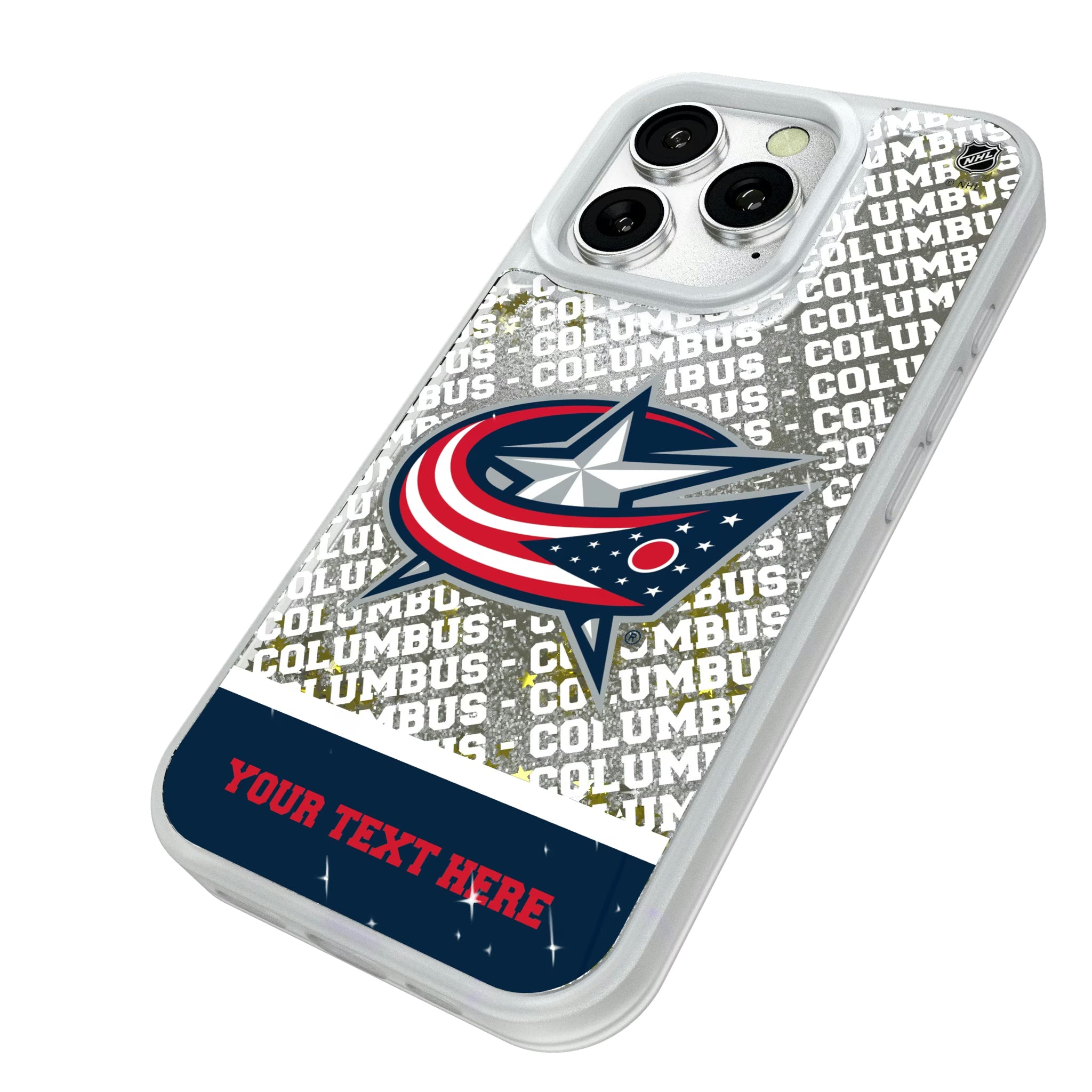 Columbus Blue Jackets Personalized EndZone Plus iPhone Glitter Phone Case for Apple iPhone - Isometric View#Device_iPhone 16 Pro