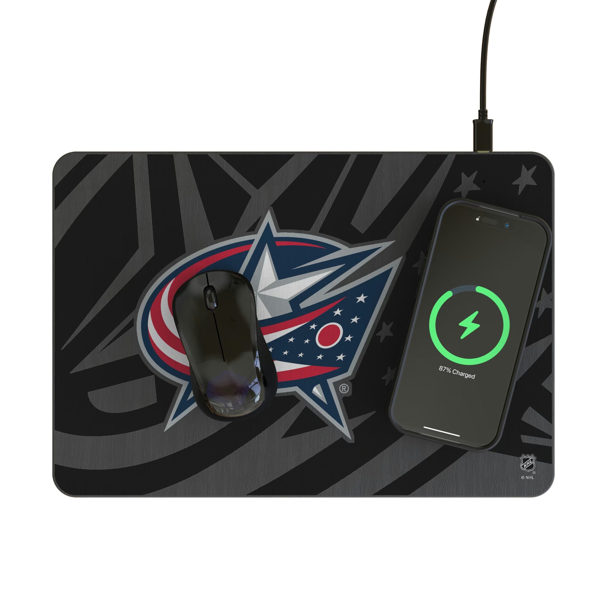Columbus Blue Jackets Personalized Tilt 15-Watt Wireless Charger and Mouse Pad - Lifestyle