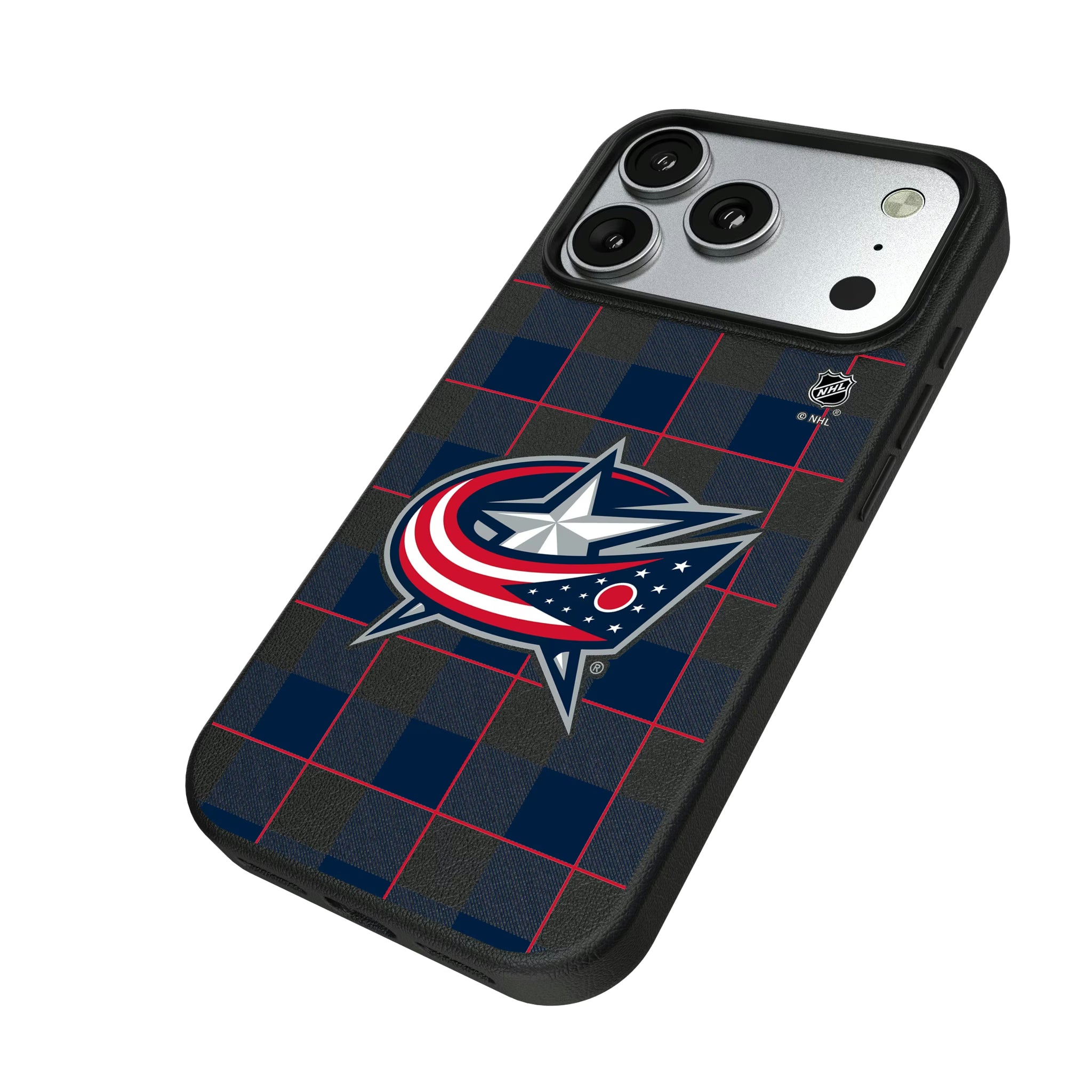 Columbus Blue Jackets Plaid iPhone MagSafe Compatible Phone Case for Apple iPhone - Isometric View#Device_iPhone 17 Pro