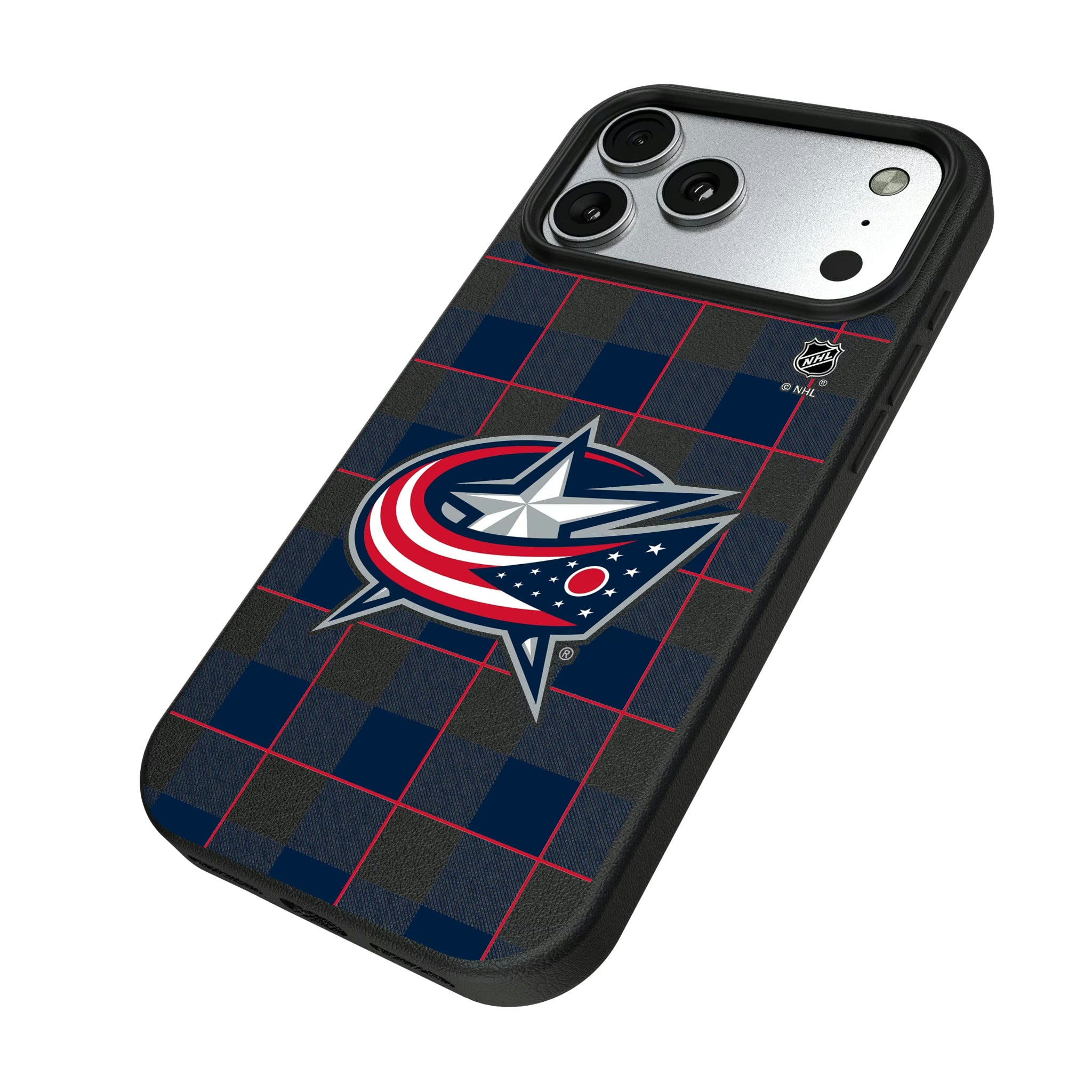 Columbus Blue Jackets Plaid iPhone MagSafe Compatible Phone Case for Apple iPhone - Isometric View#Device_iPhone 17 Pro Max