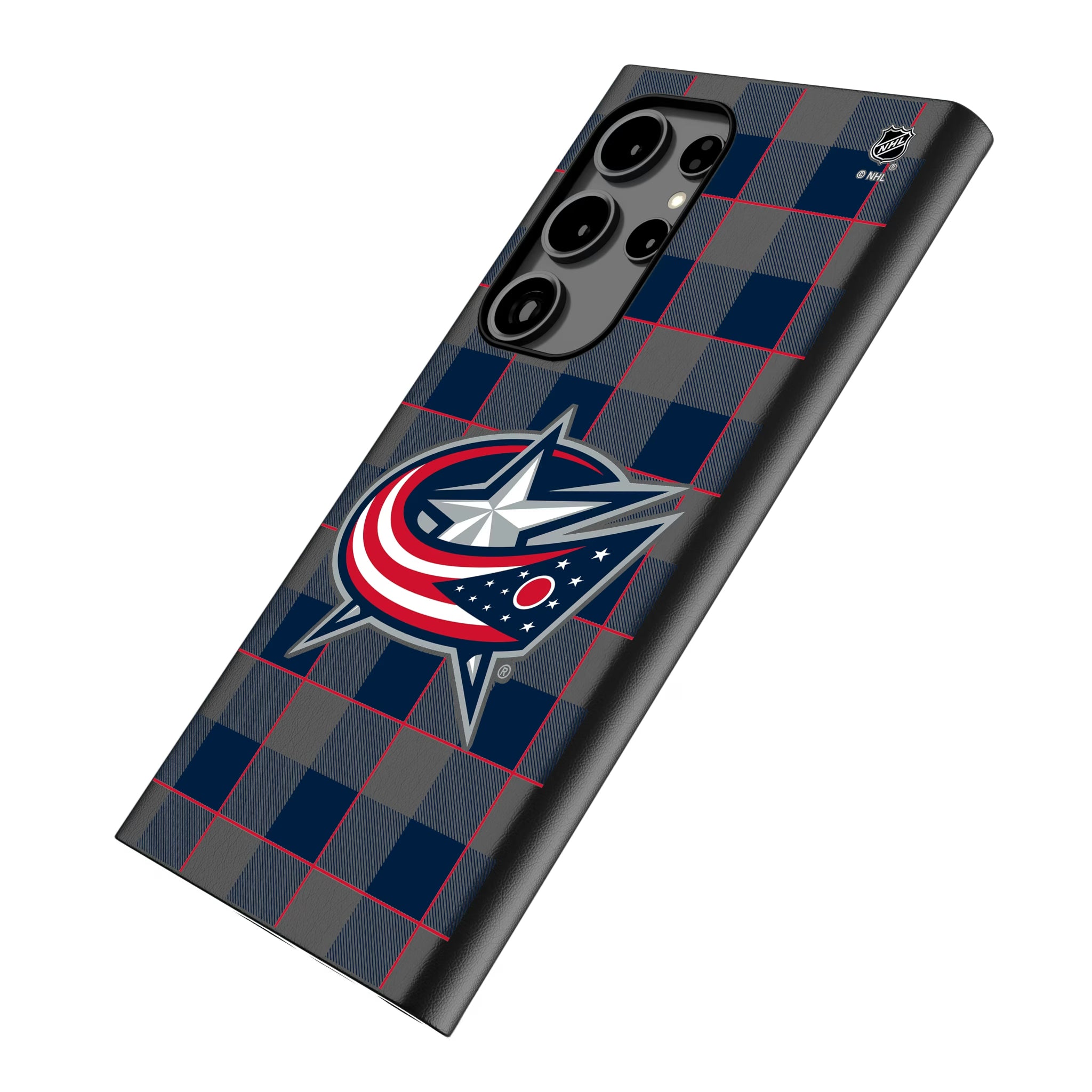 Columbus Blue Jackets Plaid Galaxy MagSafe Compatible Phone Case for Samsung Galaxy - Isometric View