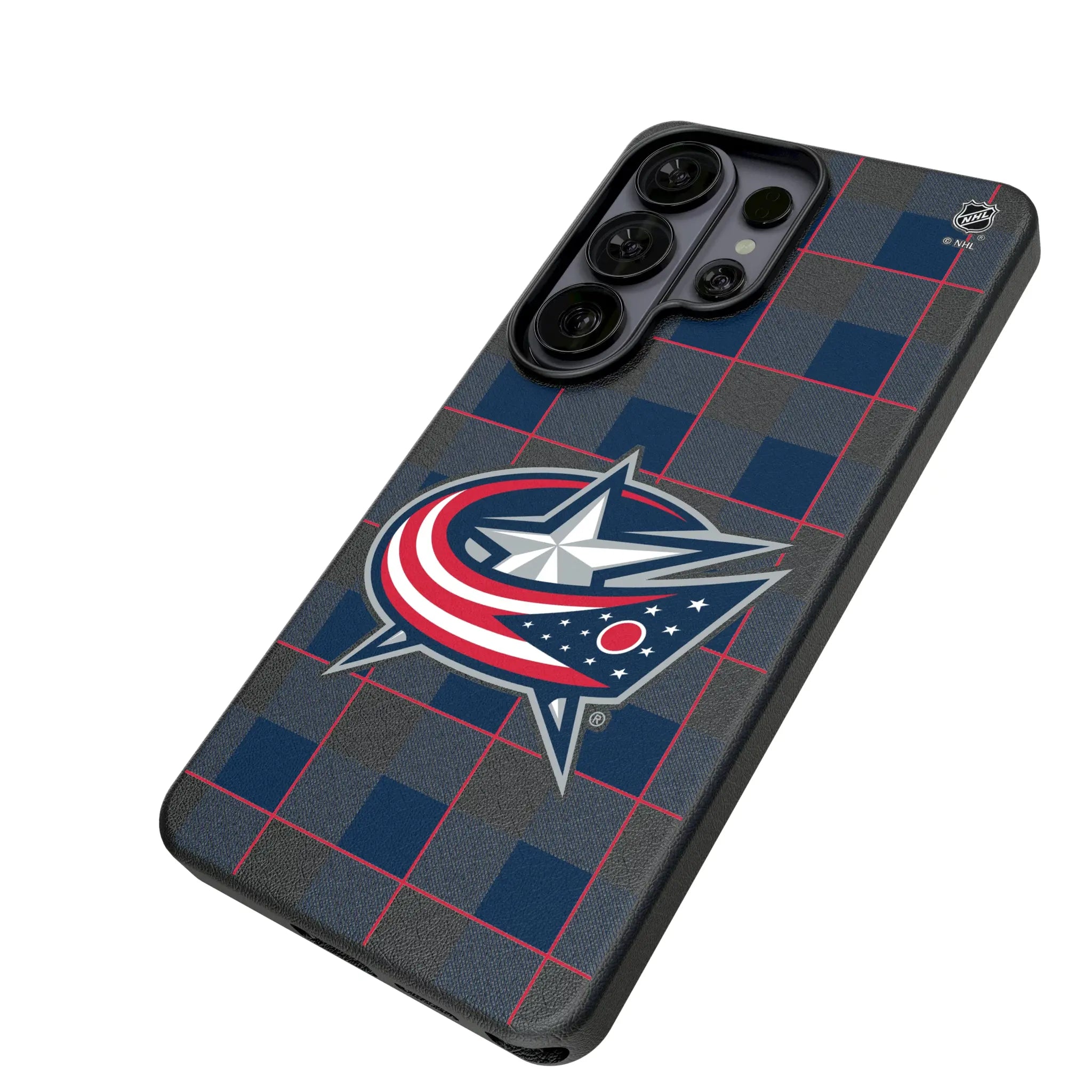 Columbus Blue Jackets Plaid Galaxy MagSafe Compatible Phone Case for Samsung Galaxy - Isometric View#Device_Galaxy S26 Ultra