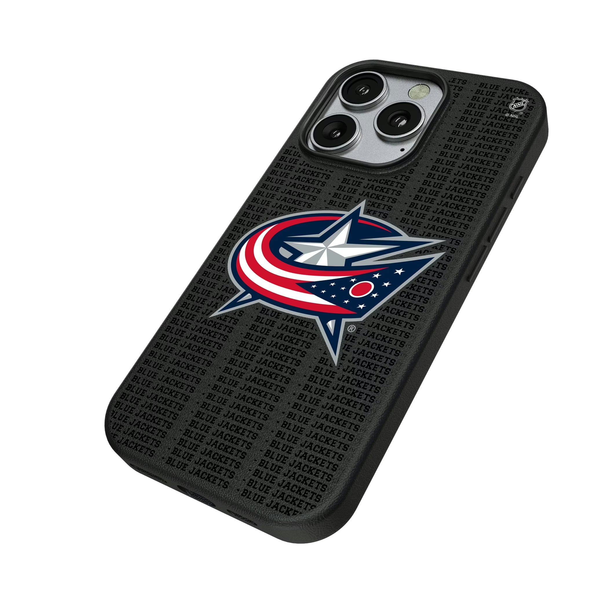 Columbus Blue Jackets Text Backdrop iPhone MagSafe Compatible Phone Case for Apple iPhone - Isometric View