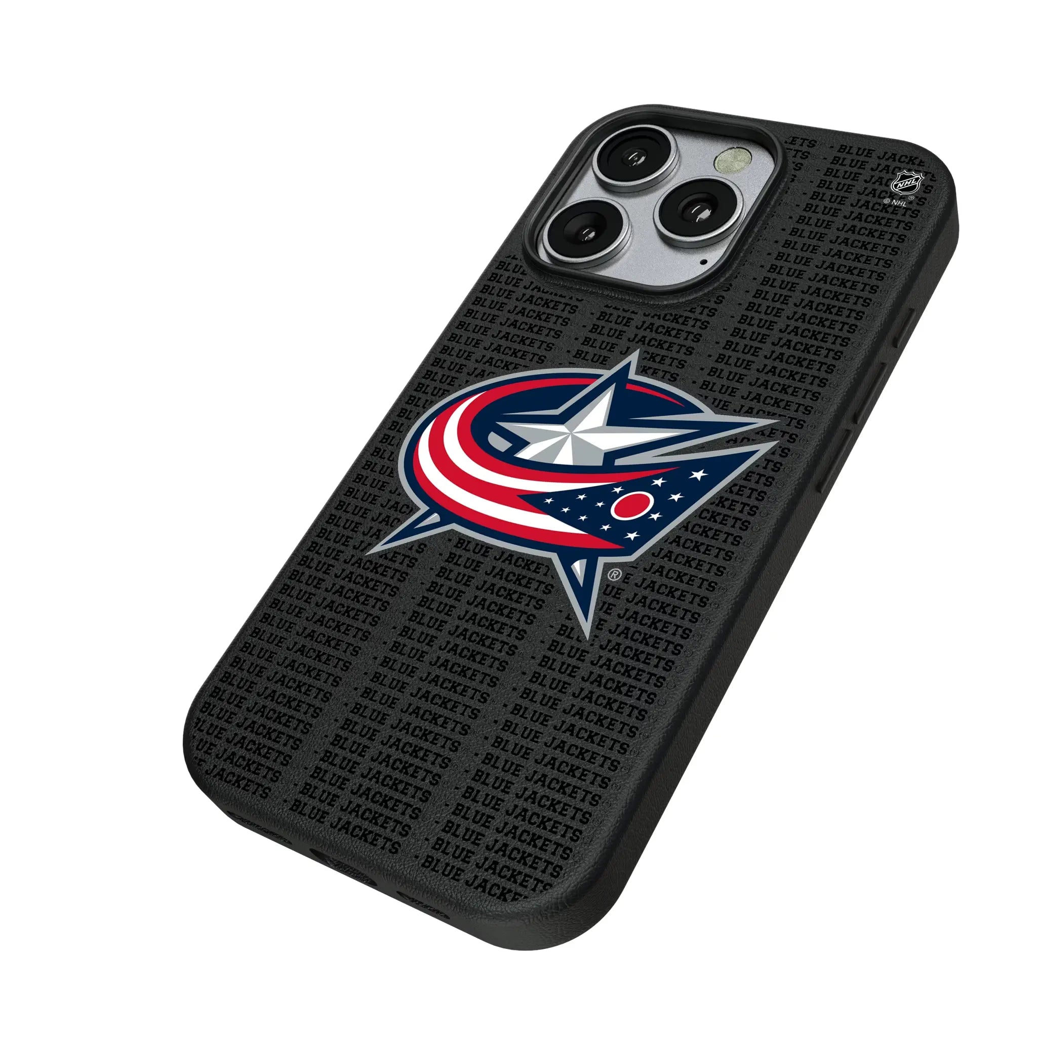 Columbus Blue Jackets Text Backdrop iPhone MagSafe Compatible Phone Case for Apple iPhone - Isometric View
