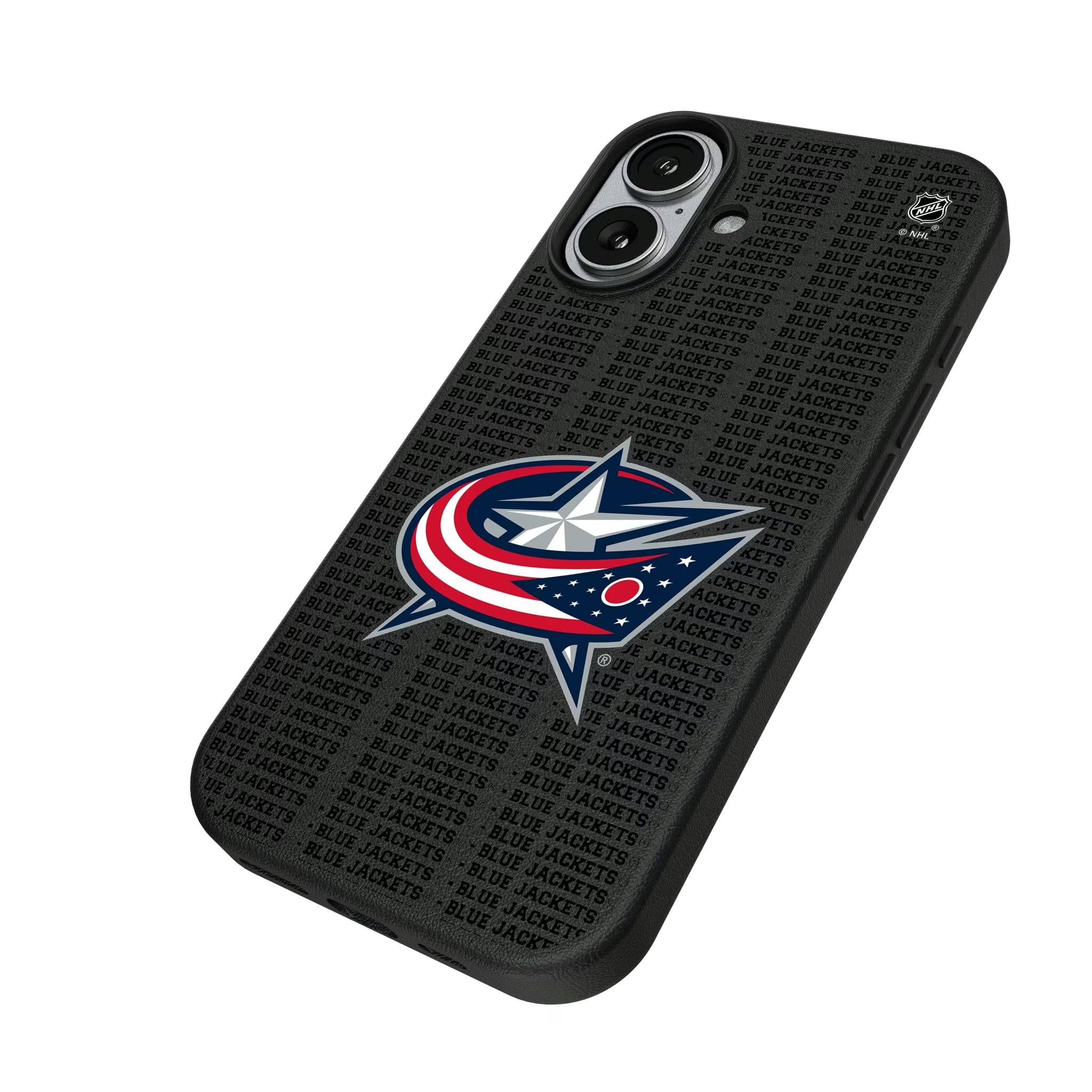 Columbus Blue Jackets Text Backdrop iPhone MagSafe Compatible Phone Case for Apple iPhone - Isometric View#Device_iPhone 17