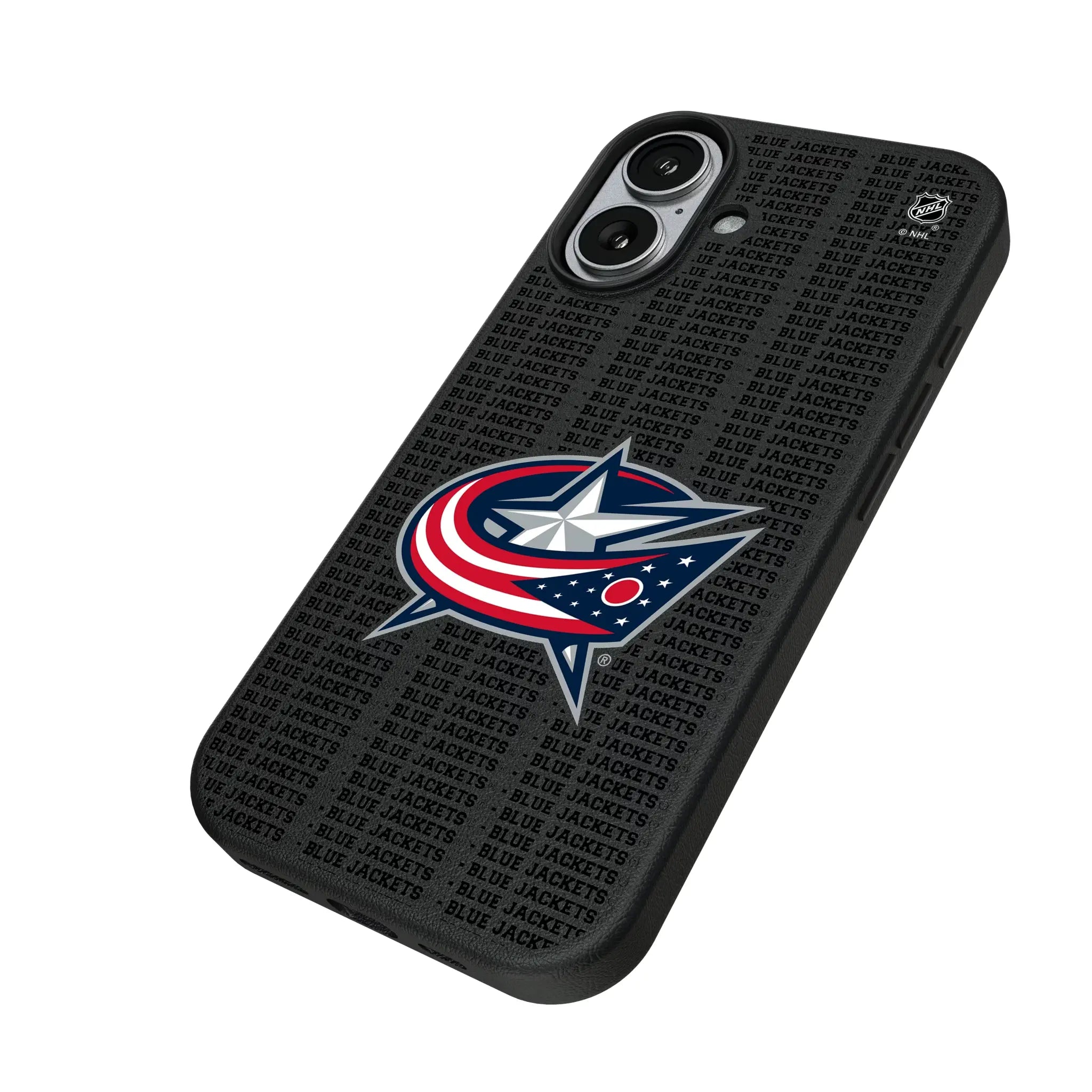 Columbus Blue Jackets Text Backdrop iPhone MagSafe Compatible Phone Case for Apple iPhone - Isometric View#Device_iPhone 17