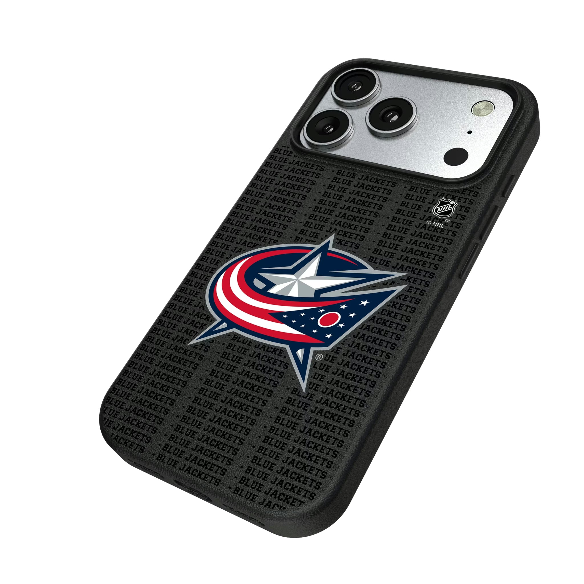 Columbus Blue Jackets Text Backdrop iPhone MagSafe Compatible Phone Case for Apple iPhone - Isometric View#Device_iPhone 17 Pro