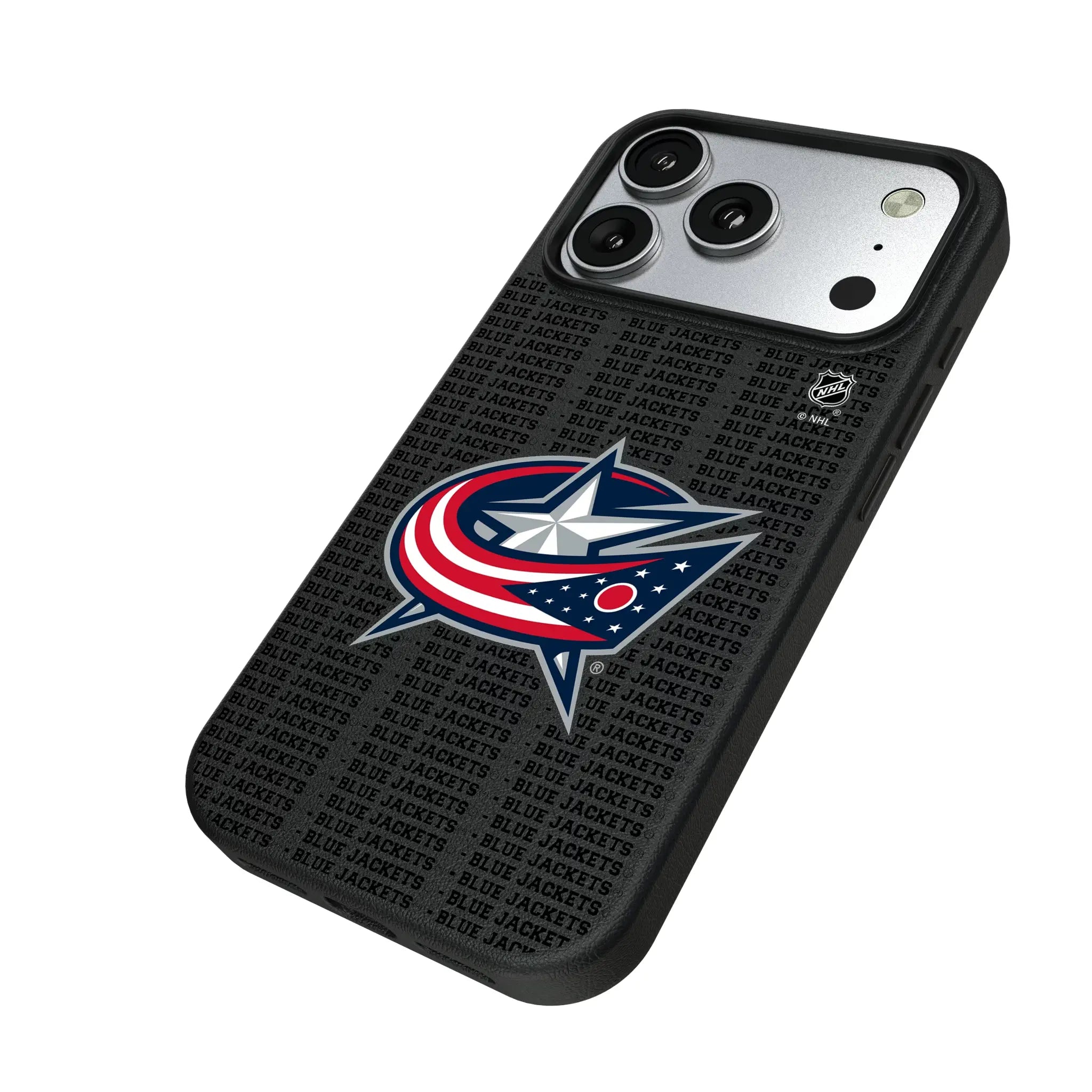 Columbus Blue Jackets Text Backdrop iPhone MagSafe Compatible Phone Case for Apple iPhone - Isometric View#Device_iPhone 17 Pro