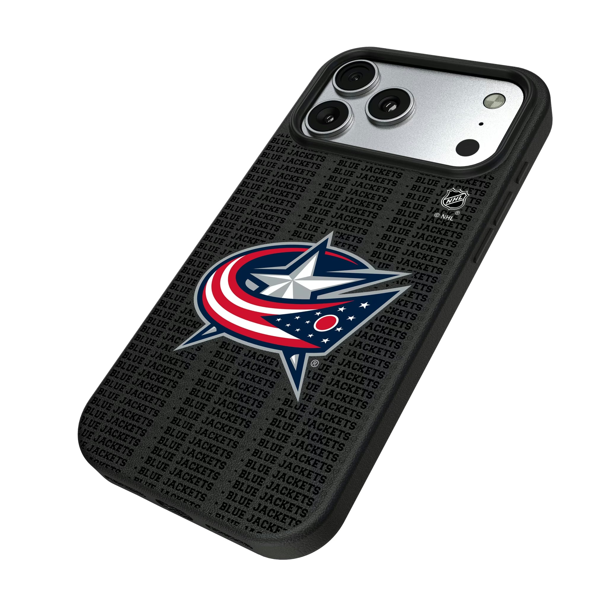 Columbus Blue Jackets Text Backdrop iPhone MagSafe Compatible Phone Case for Apple iPhone - Isometric View#Device_iPhone 17 Pro Max