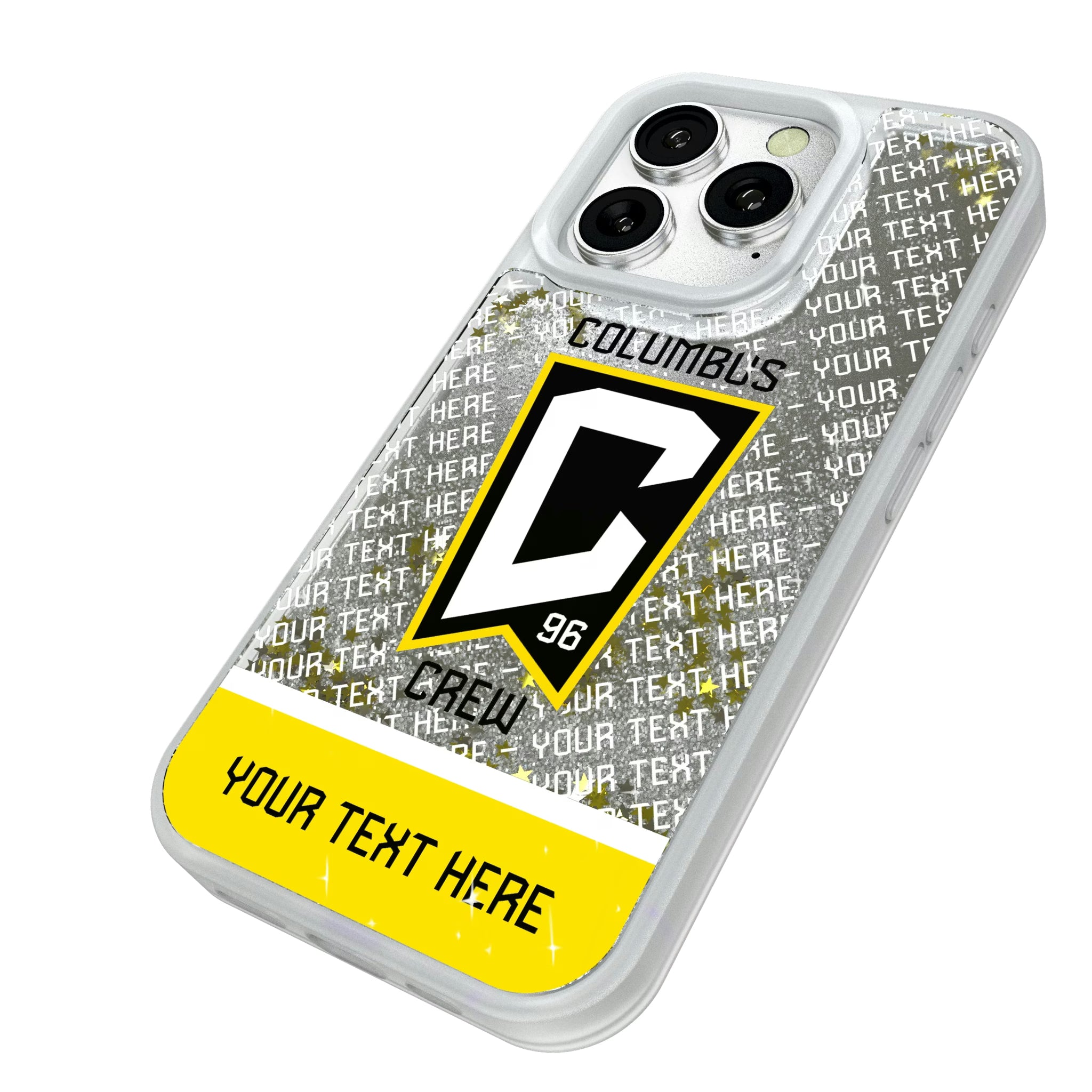 Columbus Crew Personalized EndZone Plus iPhone Glitter Phone Case for Apple iPhone - Isometric View#Device_iPhone 16 Pro
