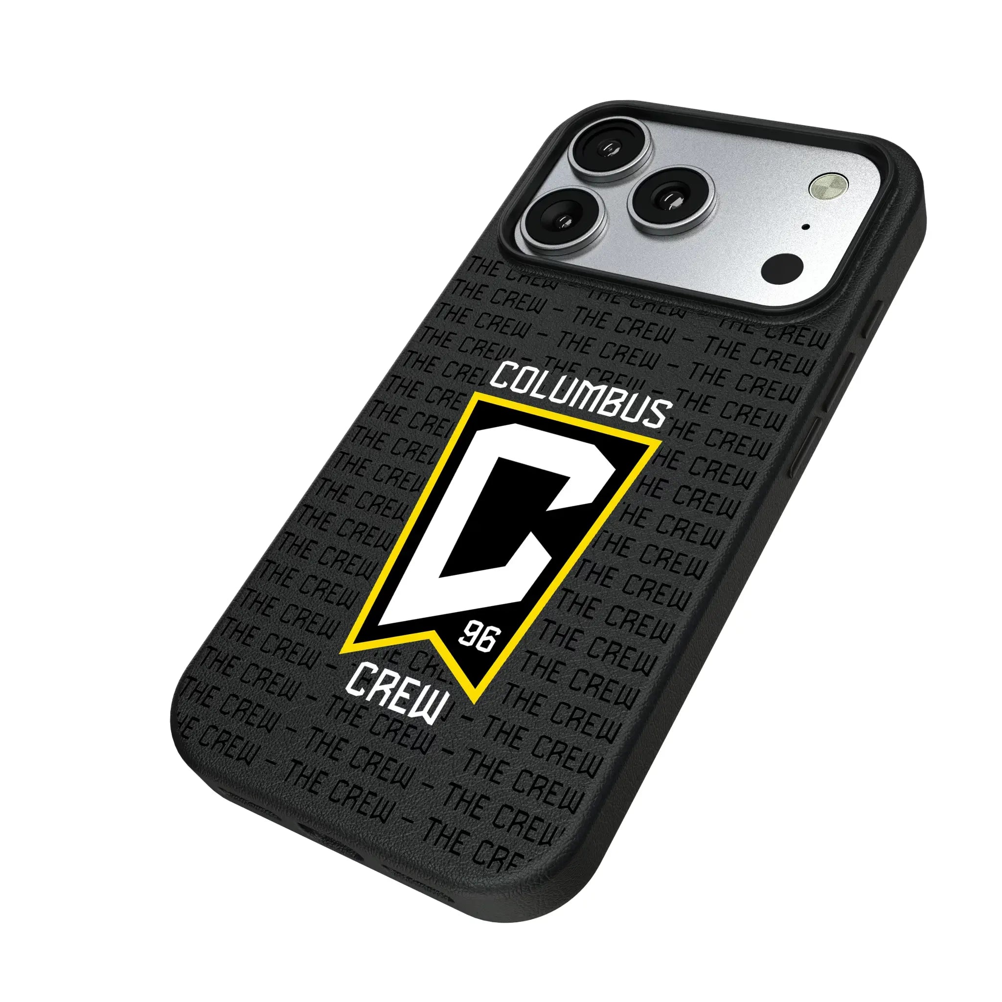 Columbus Crew Text Backdrop iPhone MagSafe Compatible Phone Case for Apple iPhone - Isometric View#Device_iPhone 17 Pro