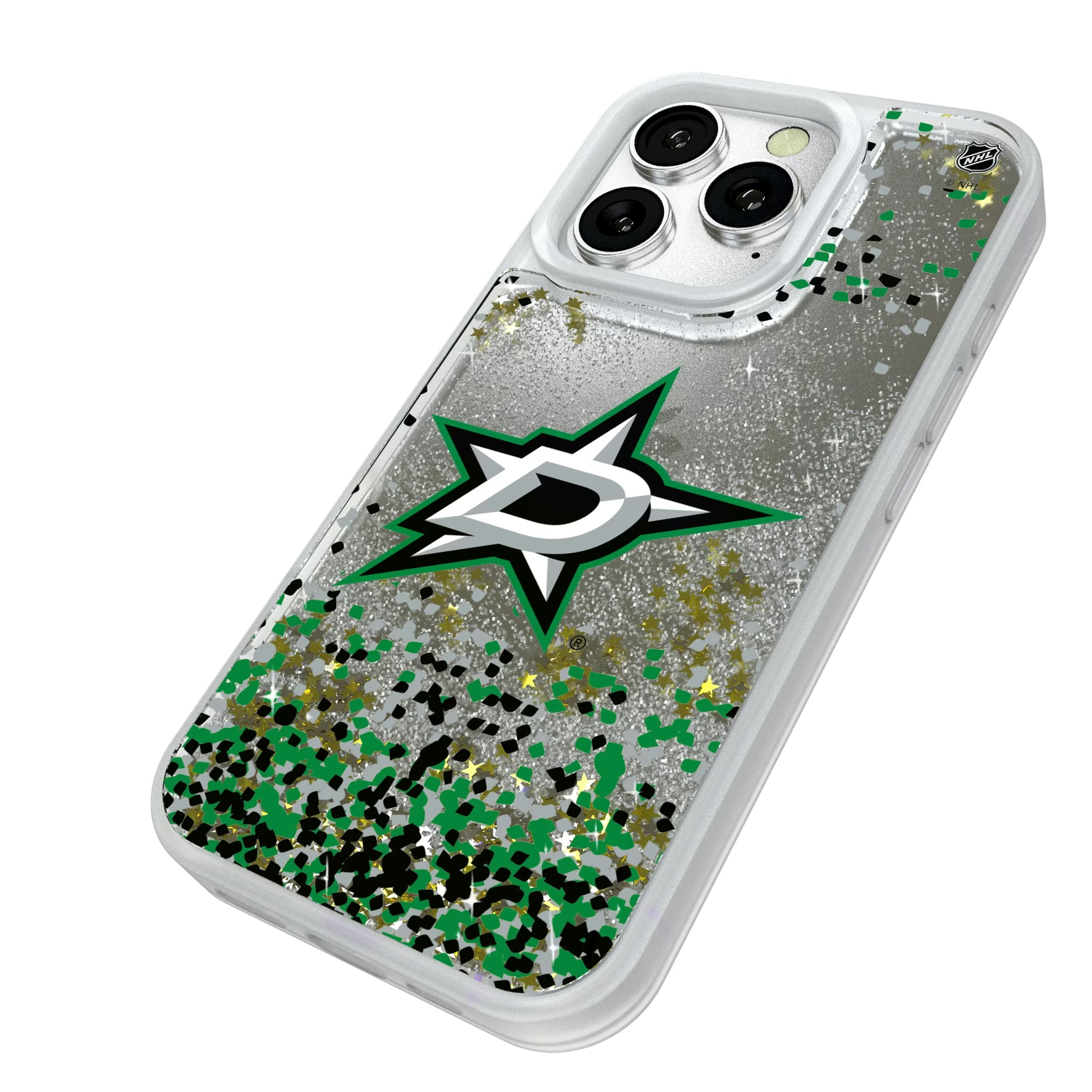 Dallas Stars Confetti iPhone Glitter Phone Case for Apple iPhone - Isometric View#Device_iPhone 16 Pro