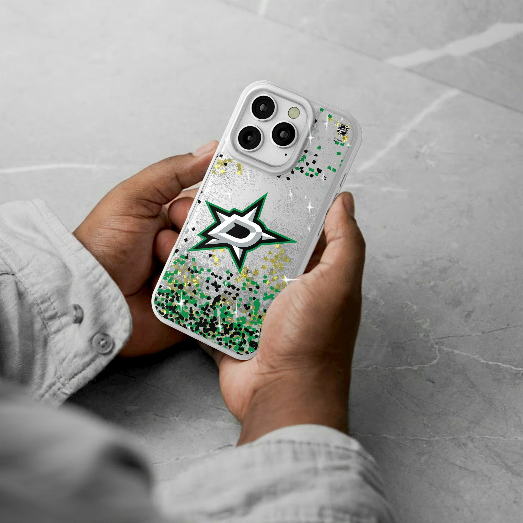 Dallas Stars Confetti iPhone Glitter Phone Case for Apple iPhone - Lifestyle#Device_iPhone 16 Pro