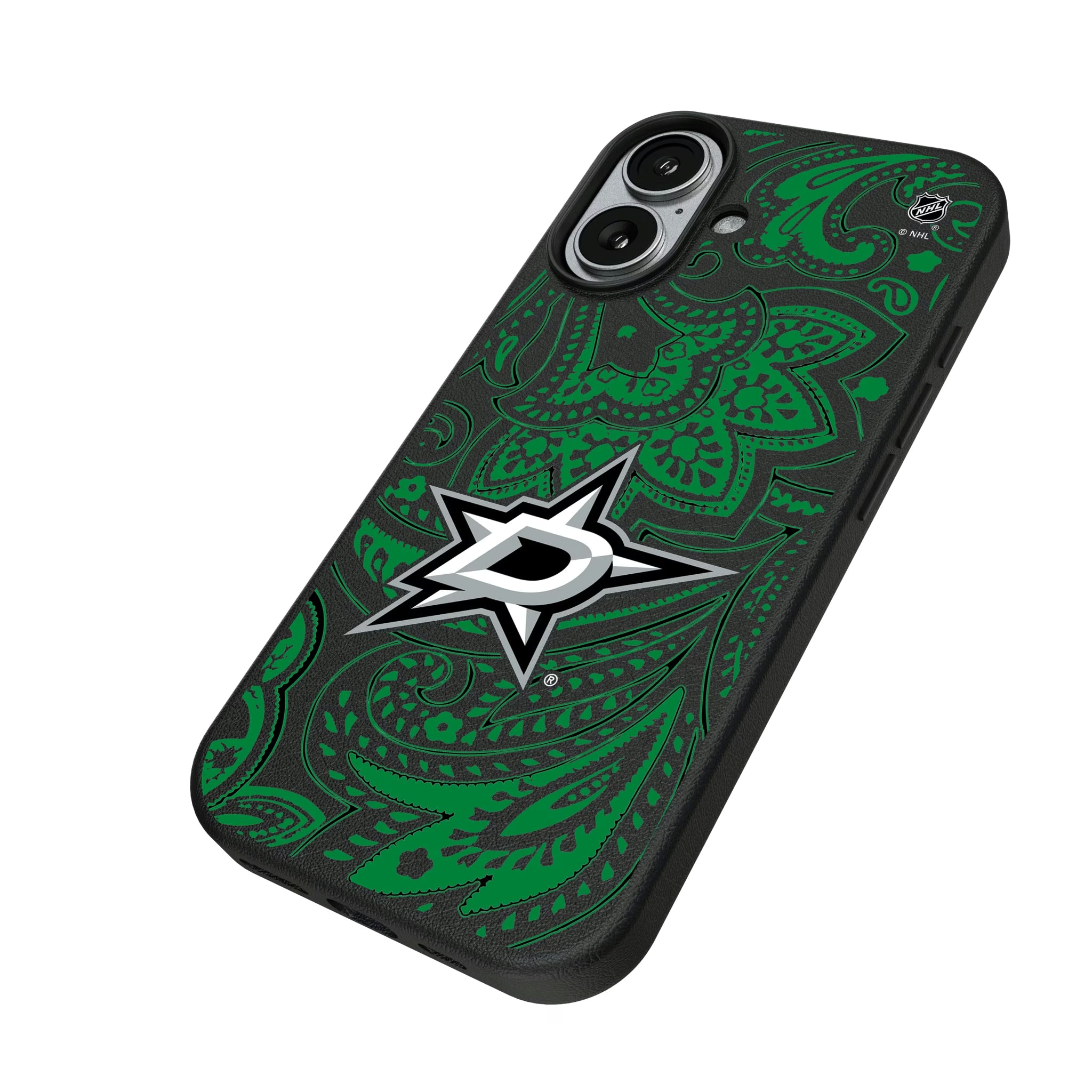 Dallas Stars Paisley iPhone MagSafe Compatible Phone Case for Apple iPhone - Isometric View#Device_iPhone 17