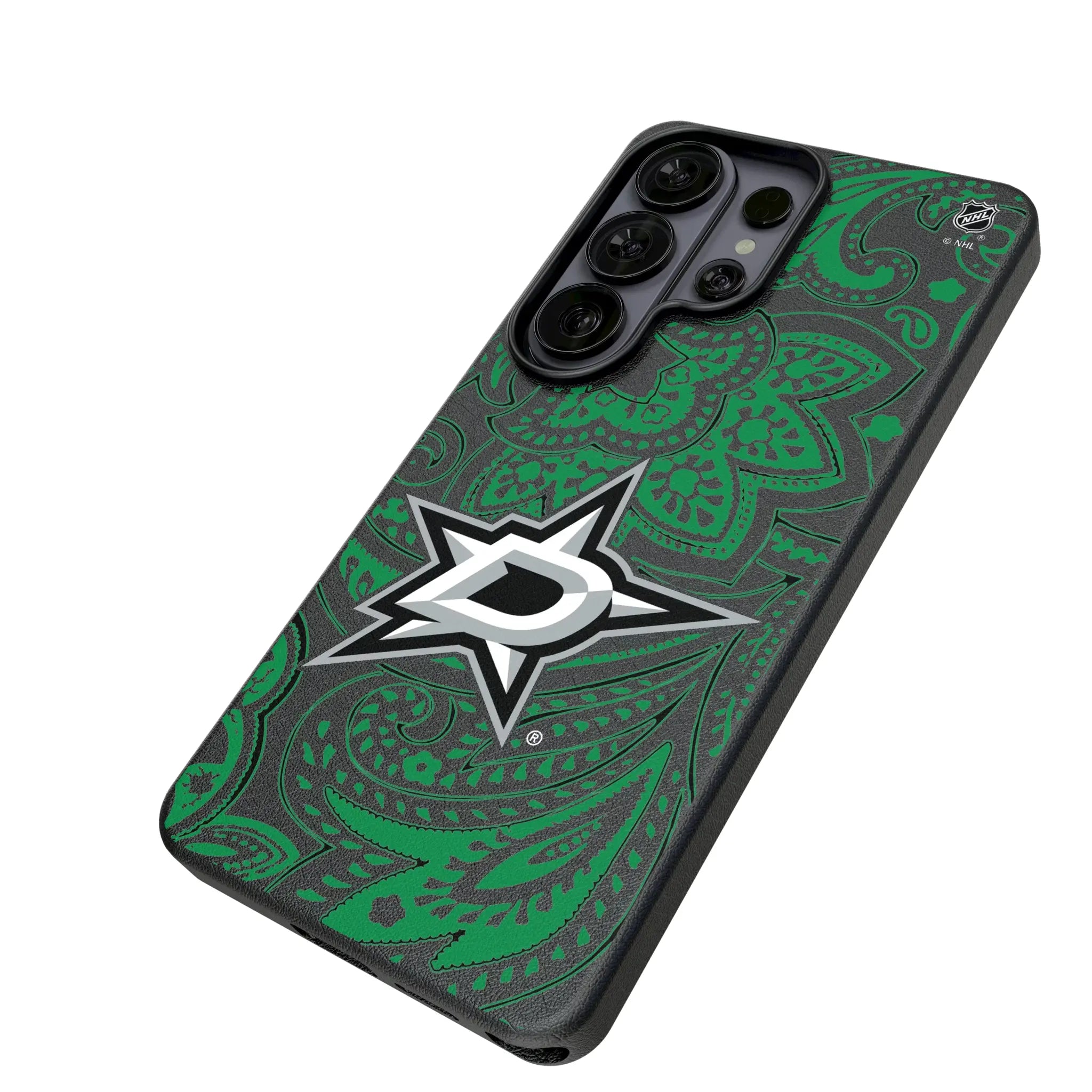 Dallas Stars Paisley Galaxy MagSafe Compatible Phone Case for Samsung Galaxy - Isometric View#Device_Galaxy S26 Ultra