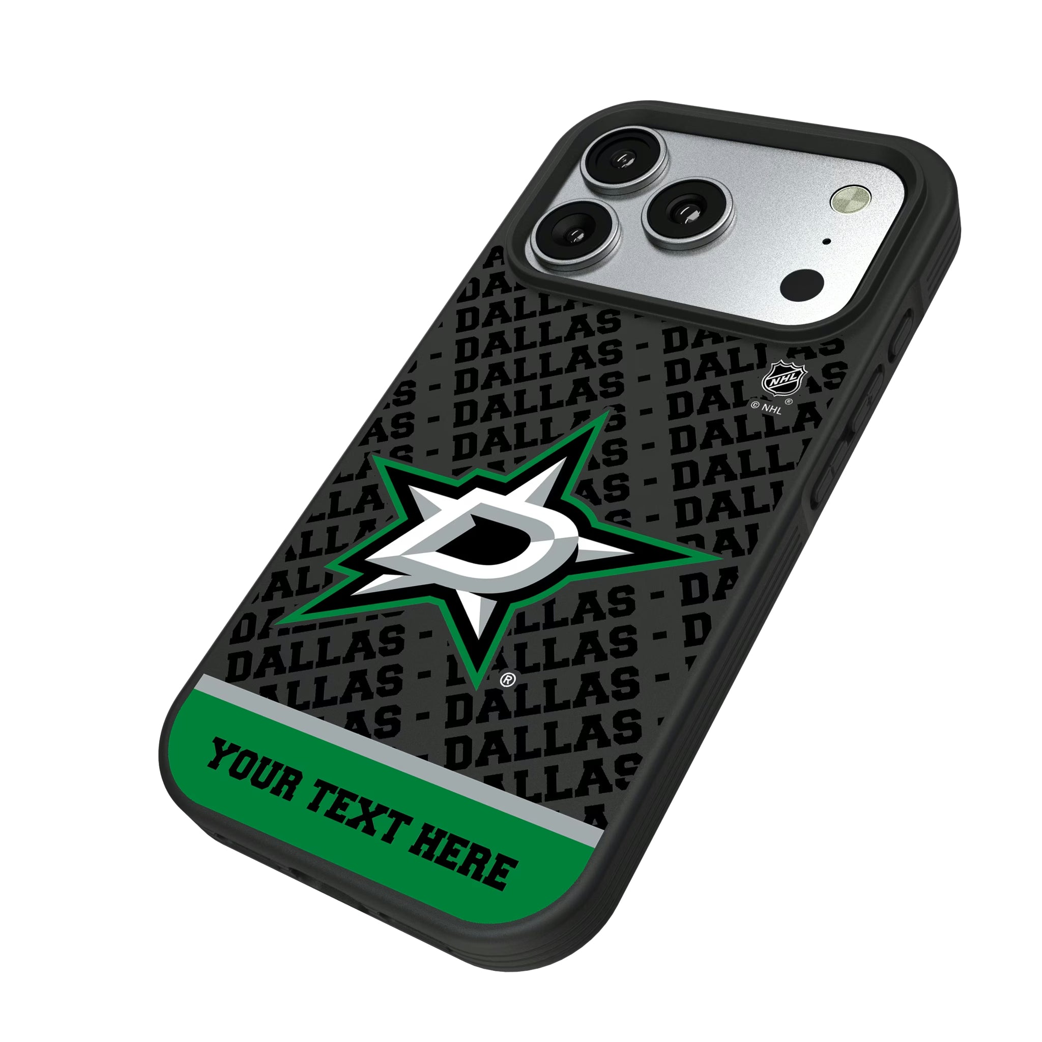 Dallas Stars Personalized EndZone Plus iPhone Bump Phone Case for Apple iPhone - Isometric View#Device_iPhone 17 Pro