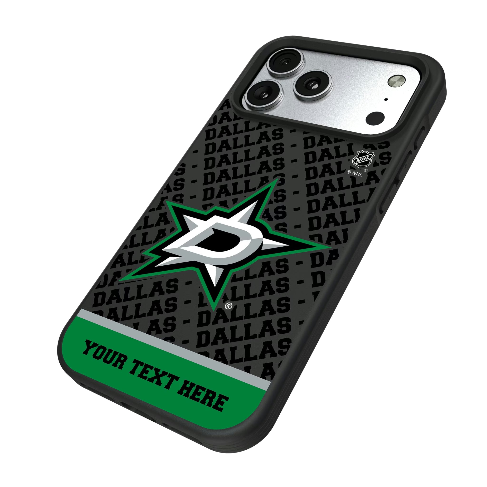 Dallas Stars Personalized EndZone Plus iPhone Bump Phone Case for Apple iPhone - Isometric View#Device_iPhone 17 Pro Max