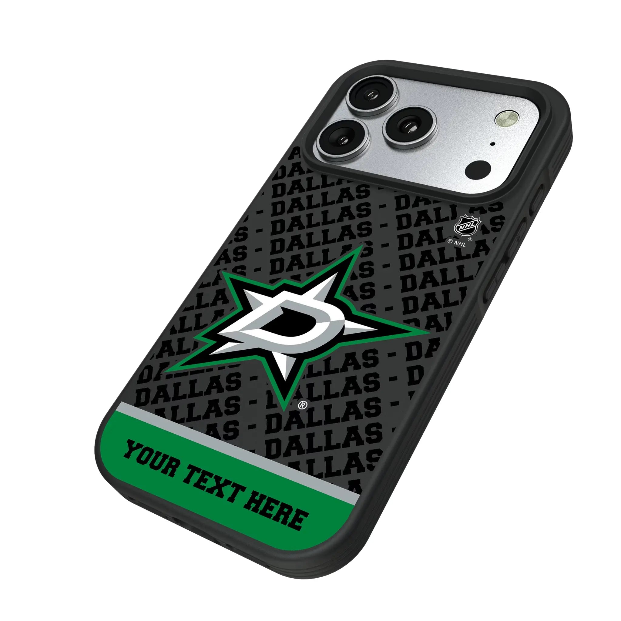 Dallas Stars Personalized EndZone Plus iPhone Bump Phone Case for Apple iPhone - Isometric View#Device_iPhone 17 Pro