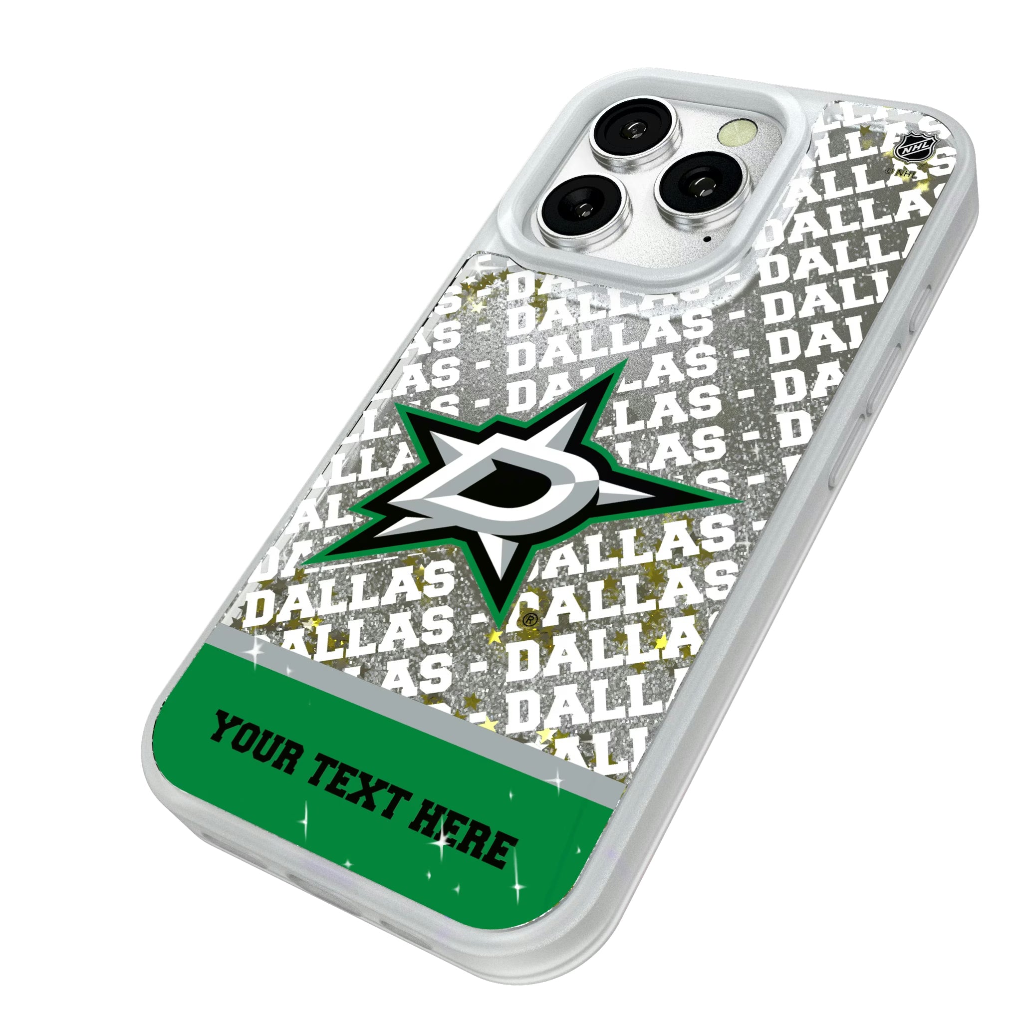 Dallas Stars Personalized EndZone Plus iPhone Glitter Phone Case for Apple iPhone - Isometric View#Device_iPhone 16 Pro