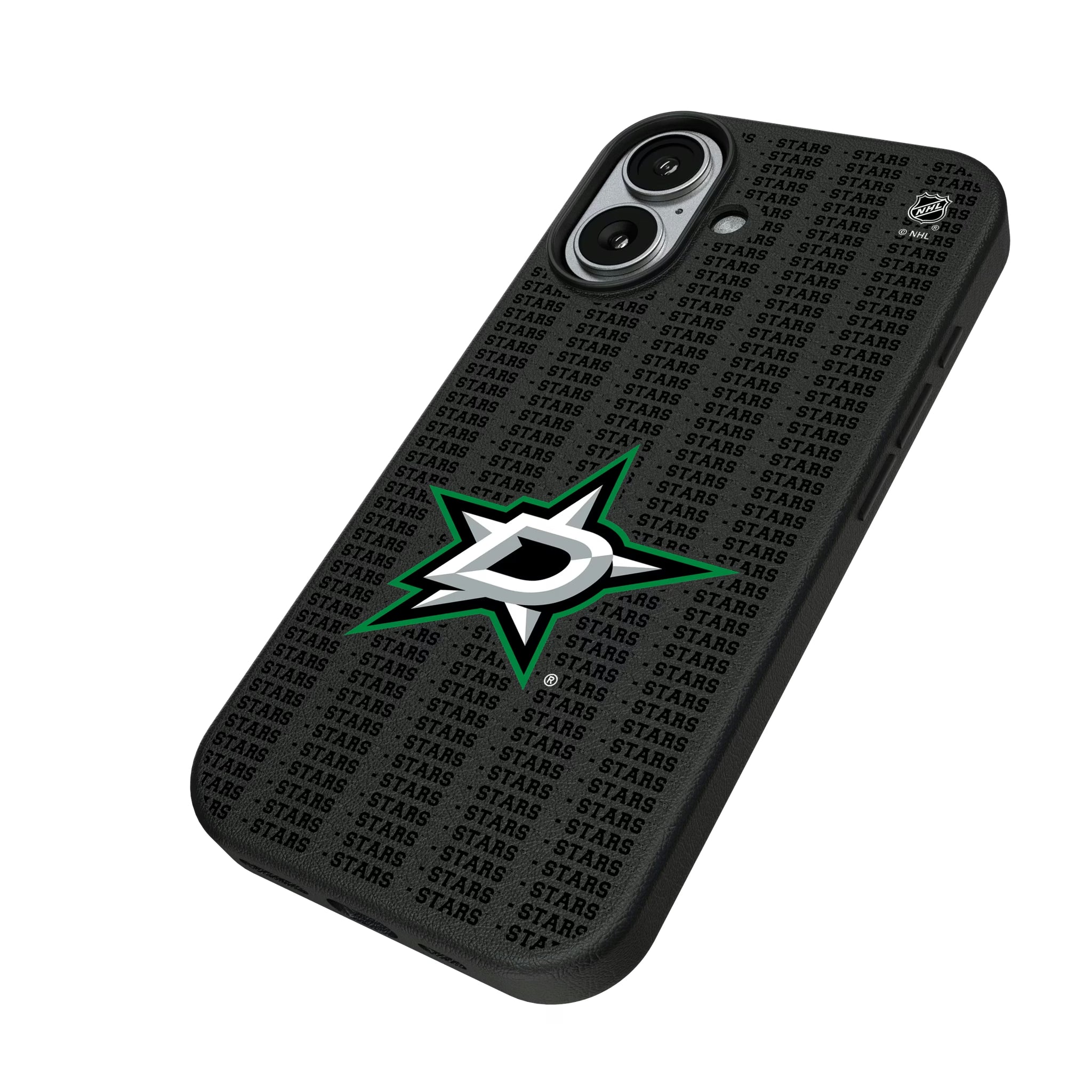 Dallas Stars Text Backdrop iPhone MagSafe Compatible Phone Case for Apple iPhone - Isometric View#Device_iPhone 17