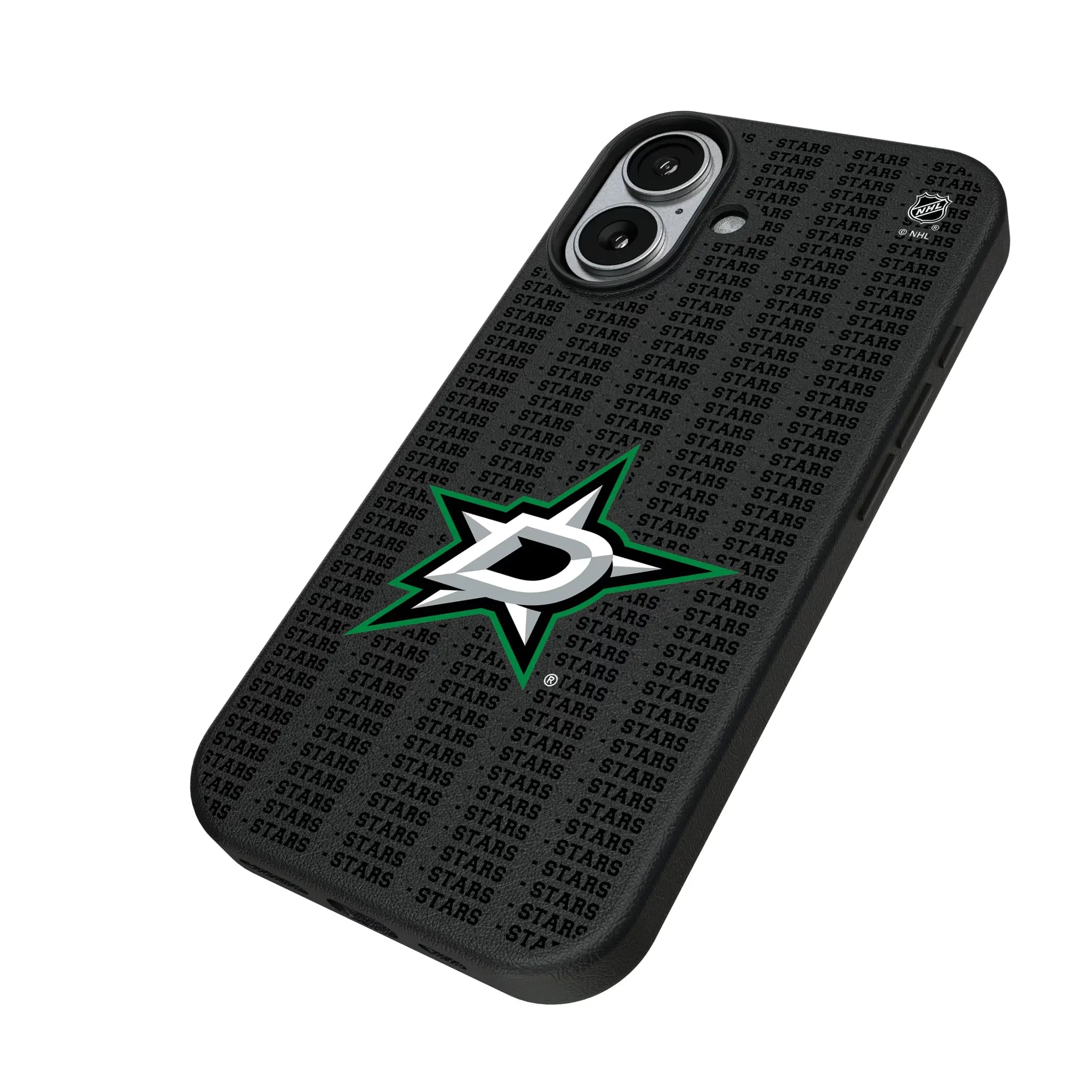 Dallas Stars Text Backdrop iPhone MagSafe Compatible Phone Case for Apple iPhone - Isometric View#Device_iPhone 17