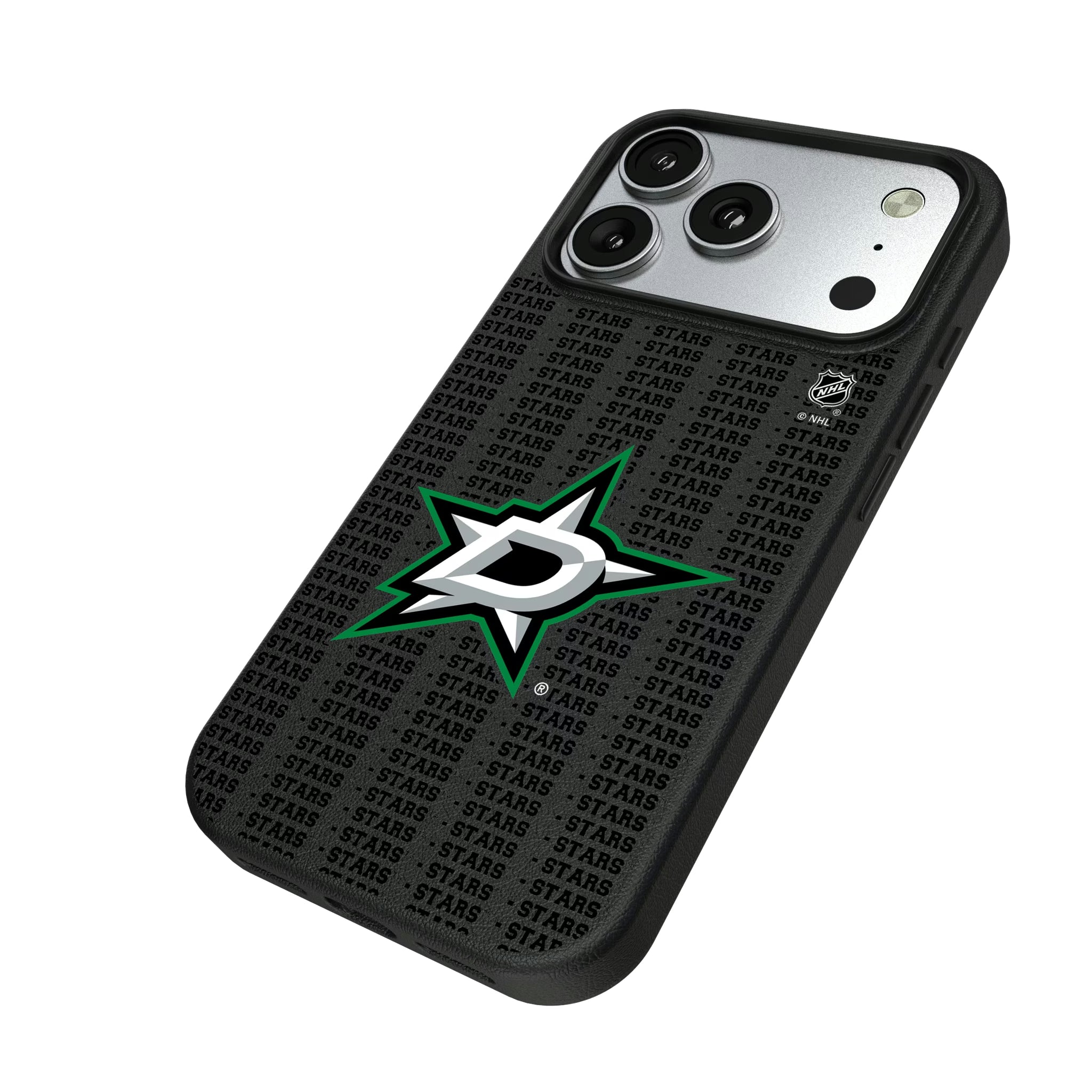 Dallas Stars Text Backdrop iPhone MagSafe Compatible Phone Case for Apple iPhone - Isometric View#Device_iPhone 17 Pro