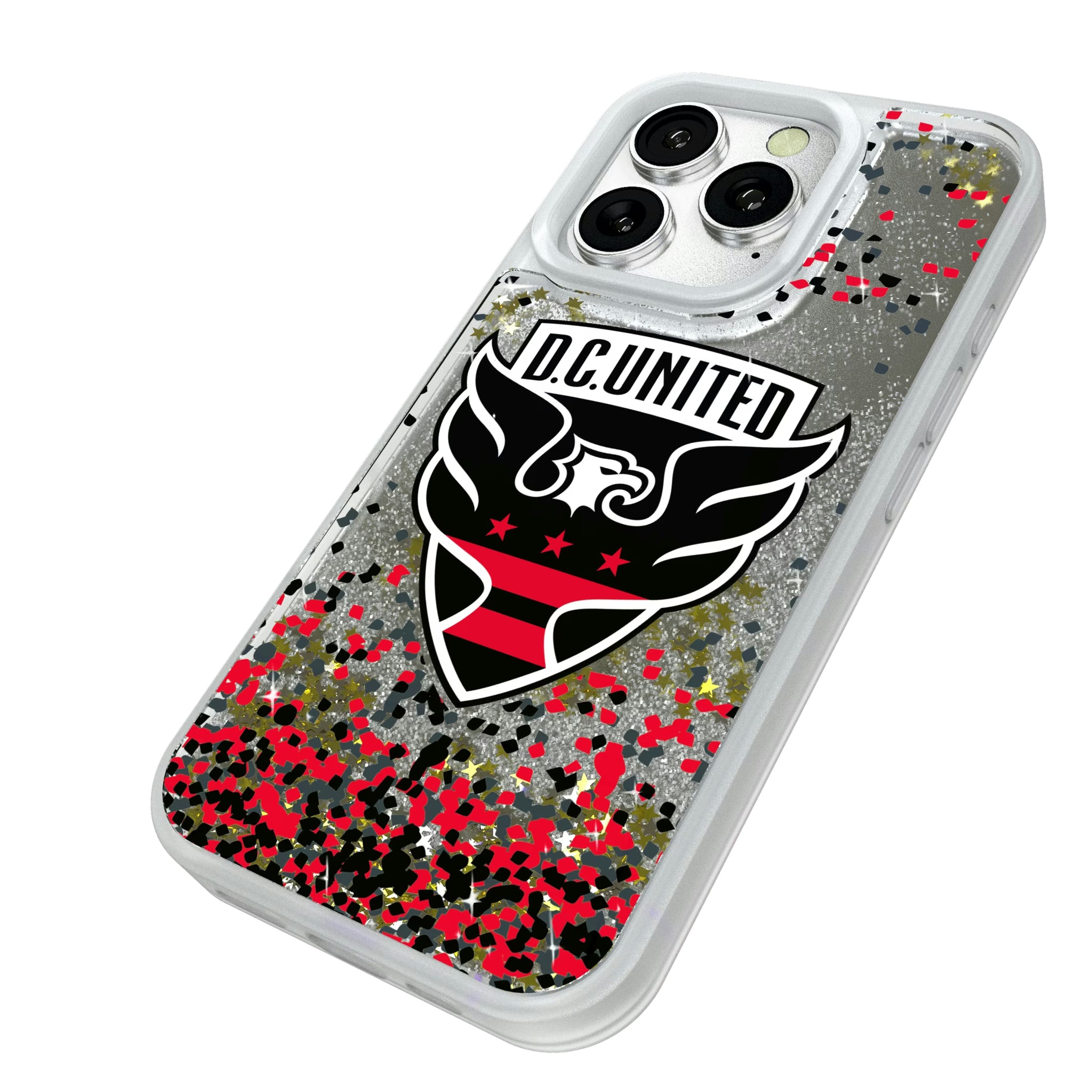 DC United Confetti iPhone Glitter Phone Case for Apple iPhone - Isometric View#Device_iPhone 16 Pro