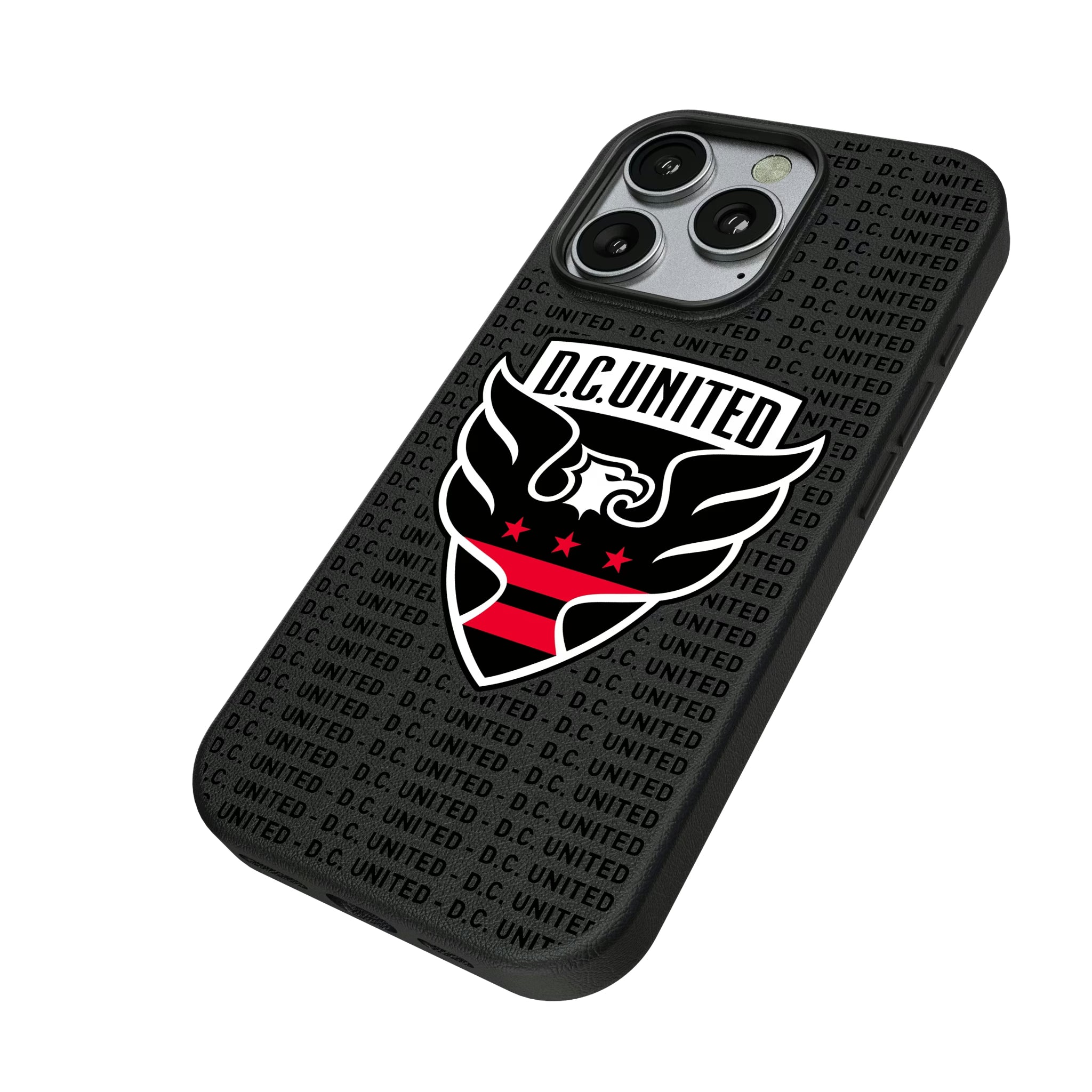 DC United Text Backdrop iPhone MagSafe Compatible Phone Case for Apple iPhone - Isometric View