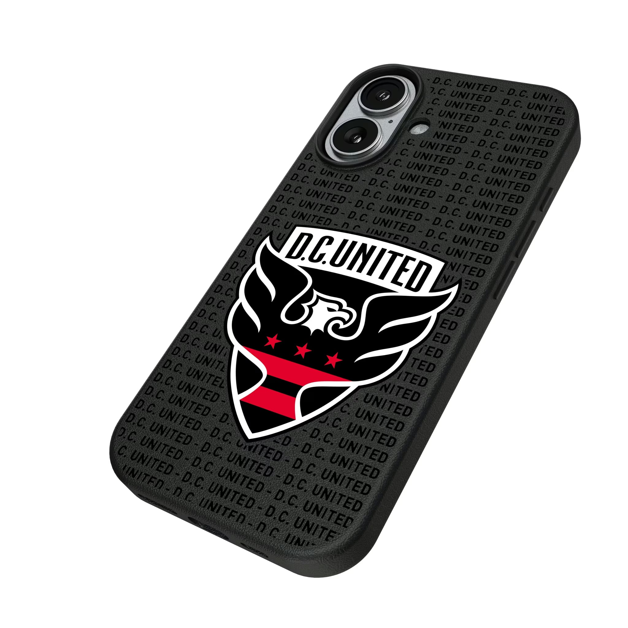 DC United Text Backdrop iPhone MagSafe Compatible Phone Case for Apple iPhone - Isometric View#Device_iPhone 17
