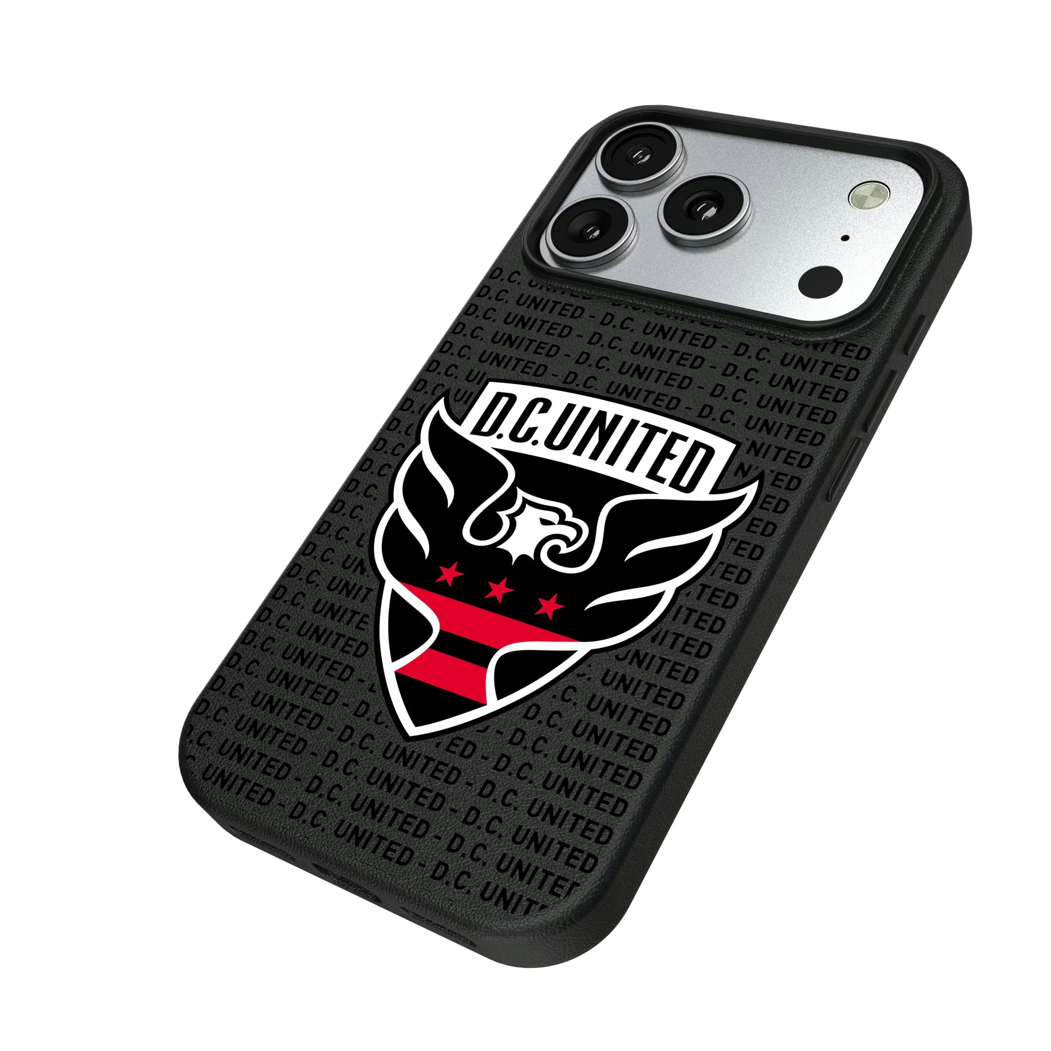 DC United Text Backdrop iPhone MagSafe Compatible Phone Case for Apple iPhone - Isometric View#Device_iPhone 17 Pro