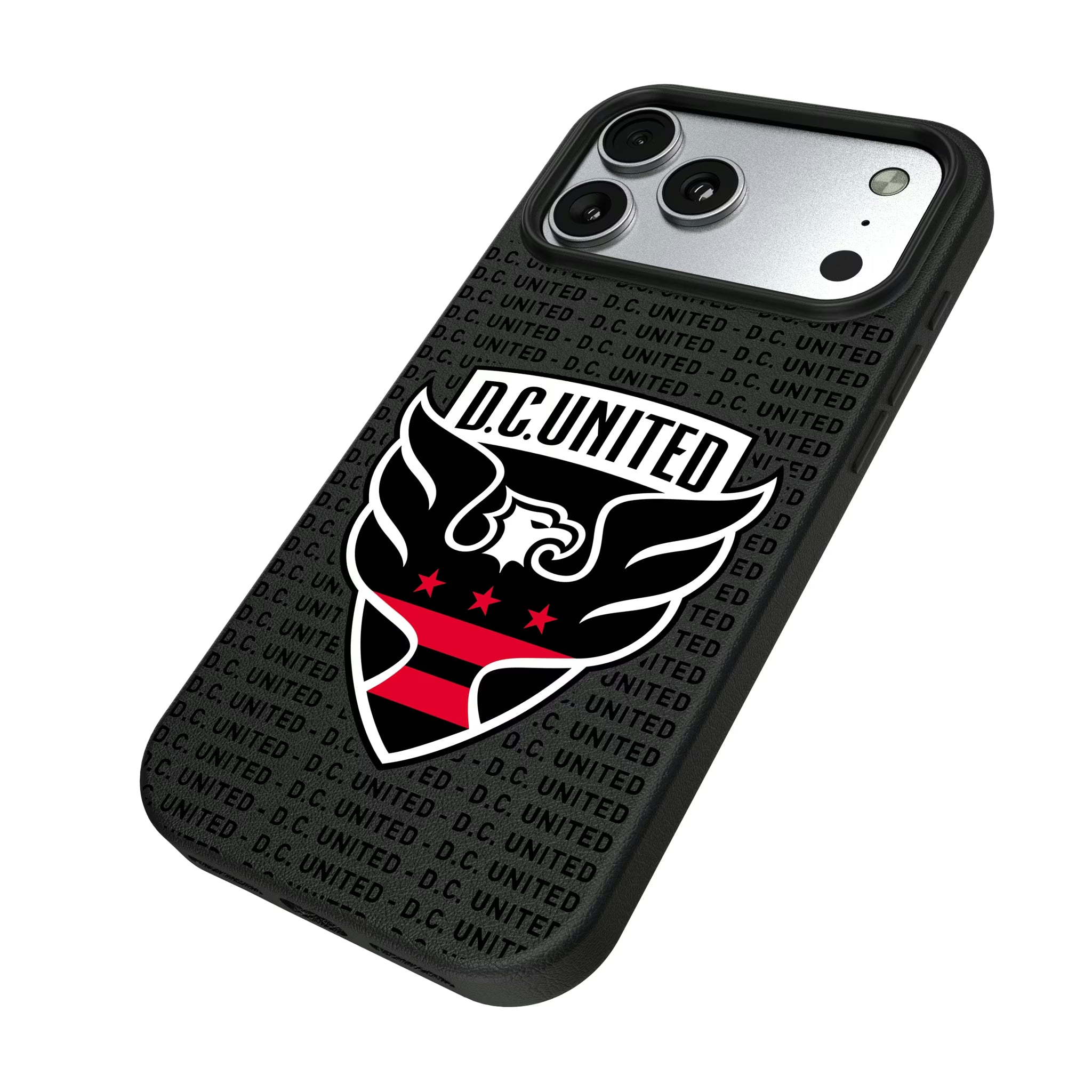 DC United Text Backdrop iPhone MagSafe Compatible Phone Case for Apple iPhone - Isometric View#Device_iPhone 17 Pro Max